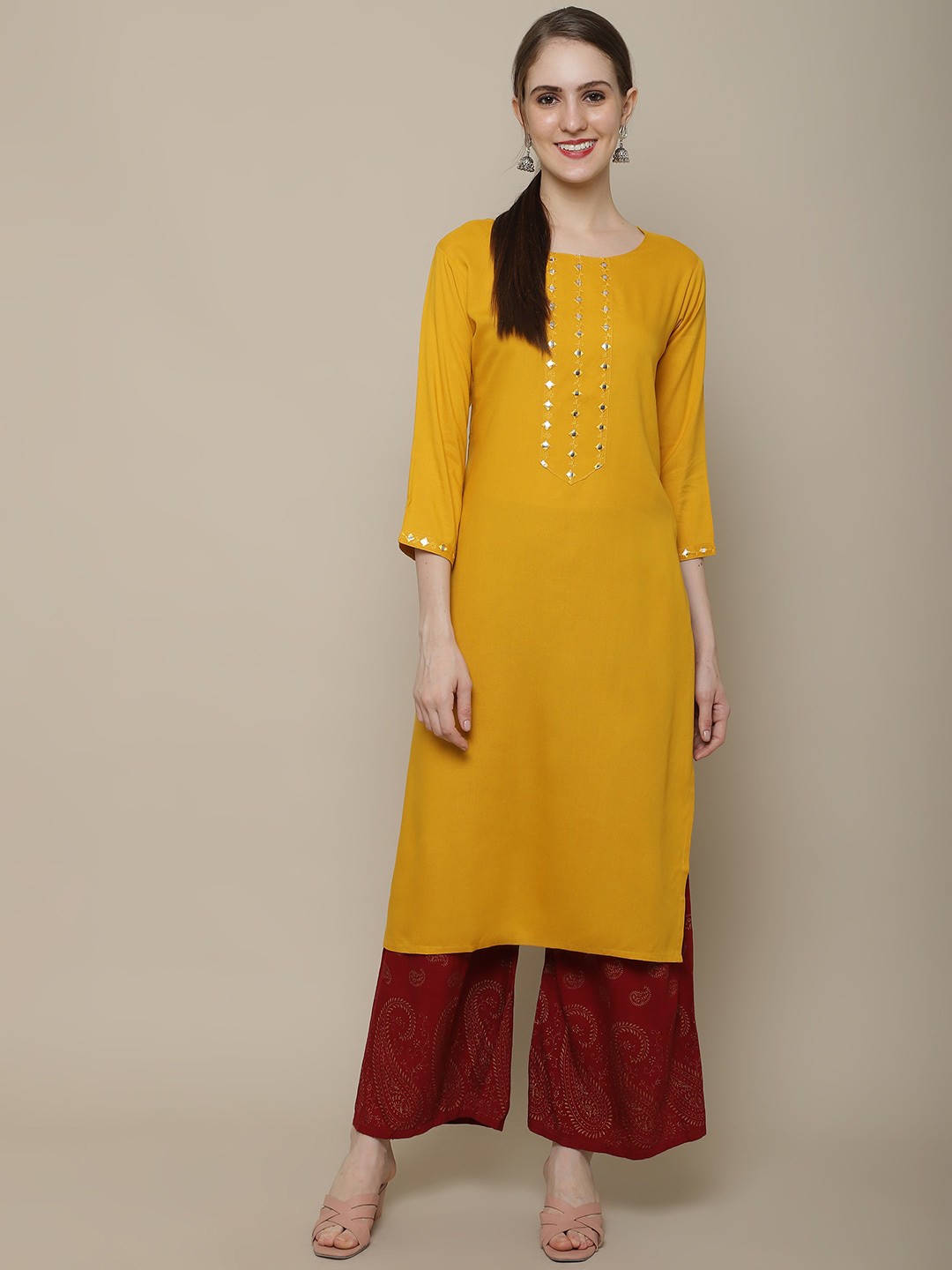 

Sangria Women Mustard Yellow & Maroon Mirror Work Kurta