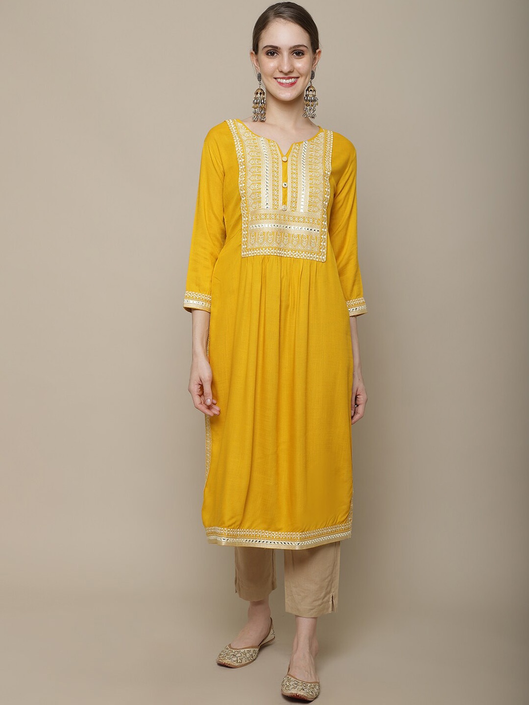 

Sangria Women Mustard Yellow Ethnic Motifs Yoke Design Thread Work Kurta