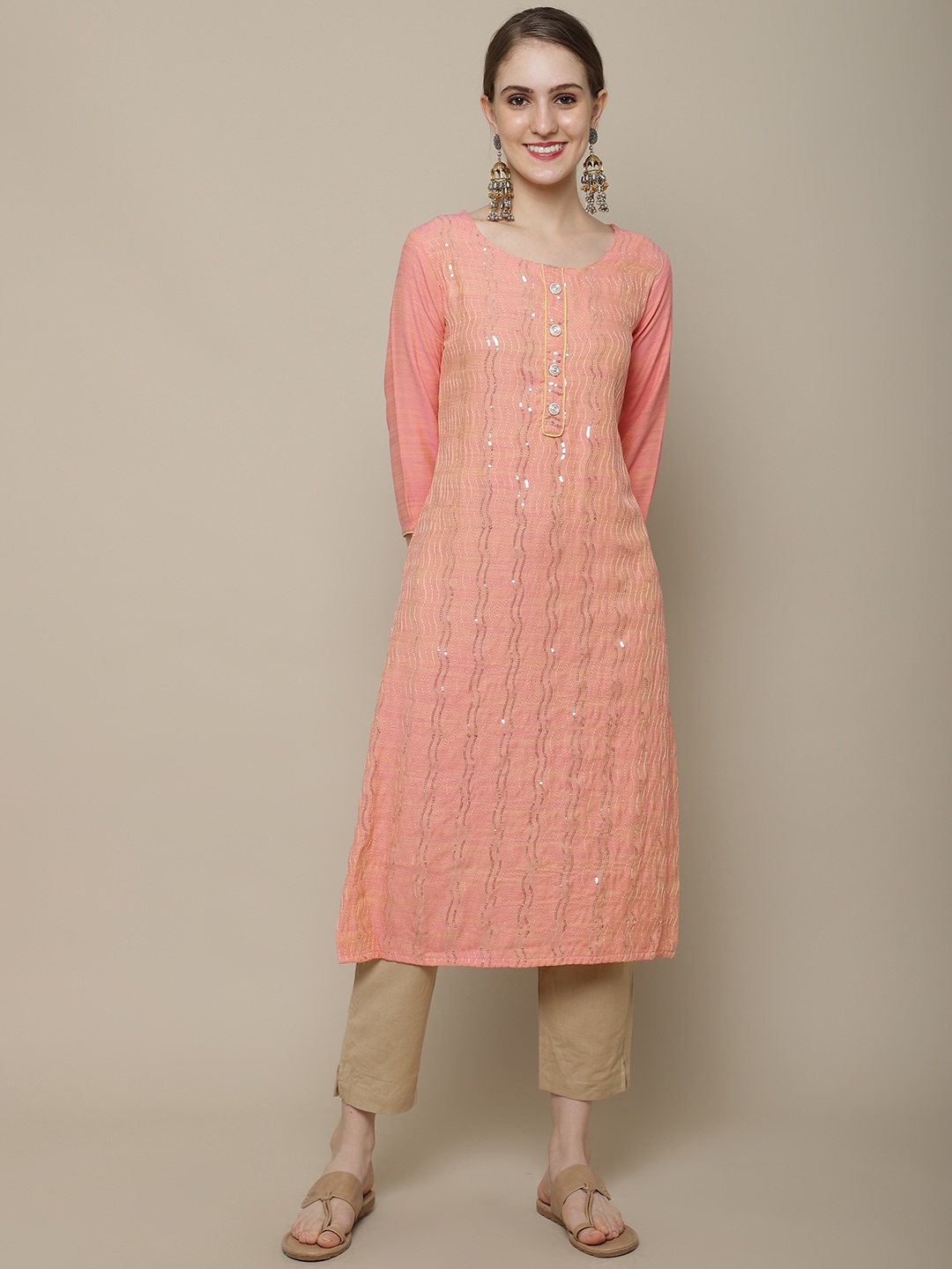 

Sangria Women Peach-Coloured & Gold-Toned Striped Kurta