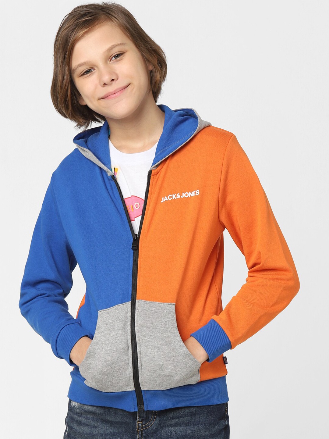 

Jack & Jones Junior Boys Colourblocked Hooded Cotton Sweatshirt, Blue