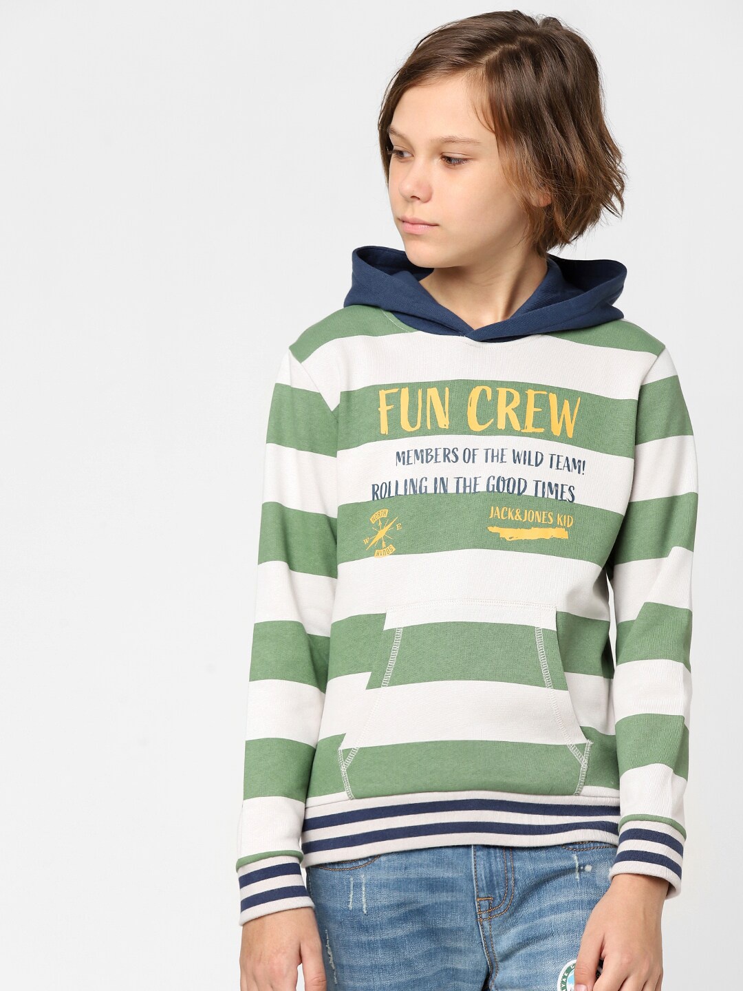 

Jack & Jones Junior Boys Striped Hooded Cotton Sweatshirt, Green