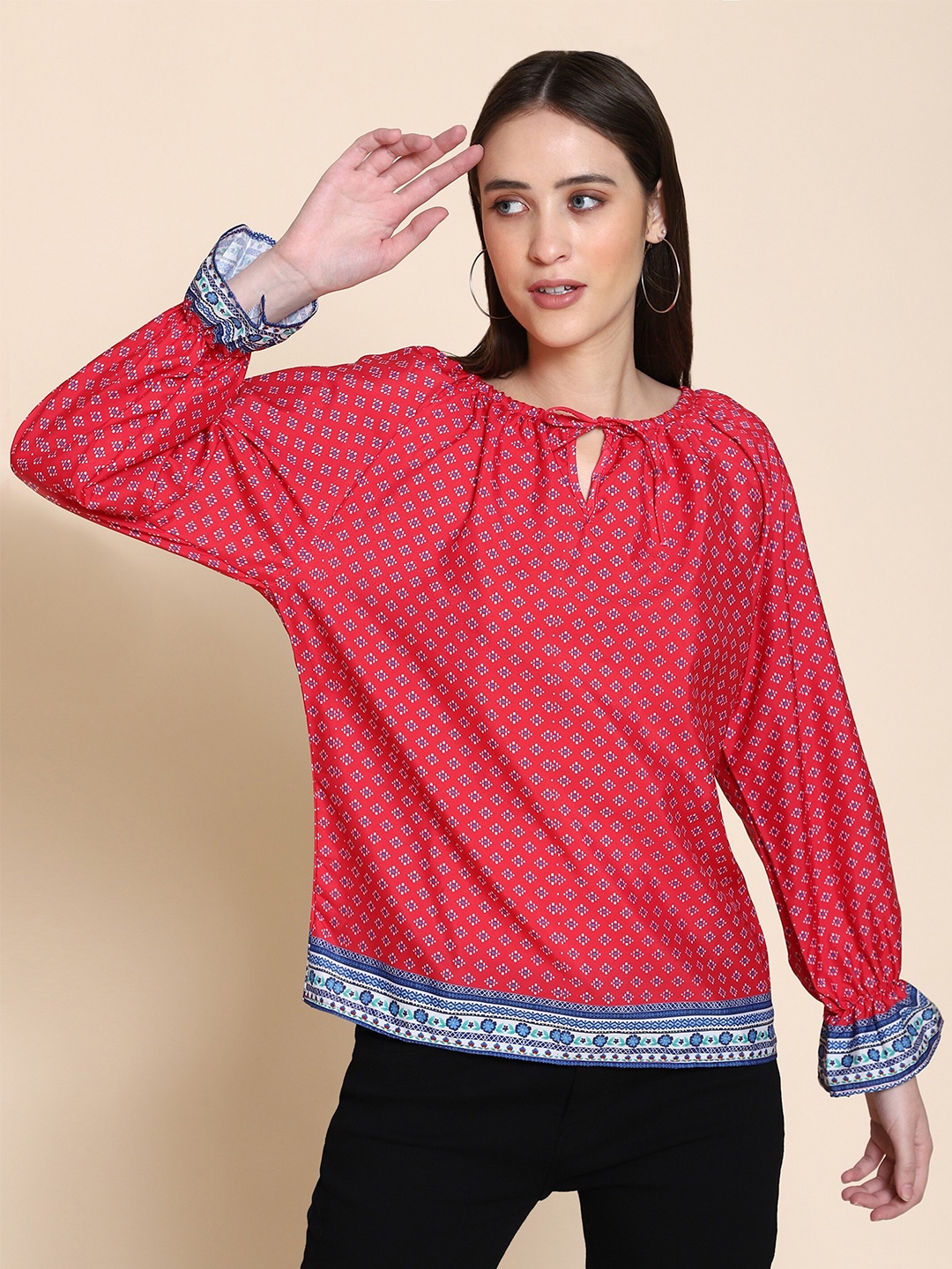 

ARPORA Women Red And Blue Geometric Print Keyhole Neck Long Sleeves Crepe Top