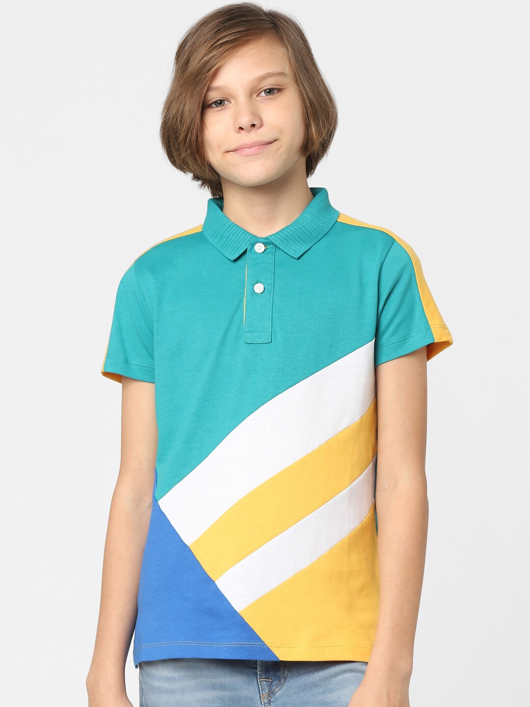 

Jack & Jones Junior Boys Blue & Yellow Colourblocked Polo Collar Slim Fit Cotton T-shirt