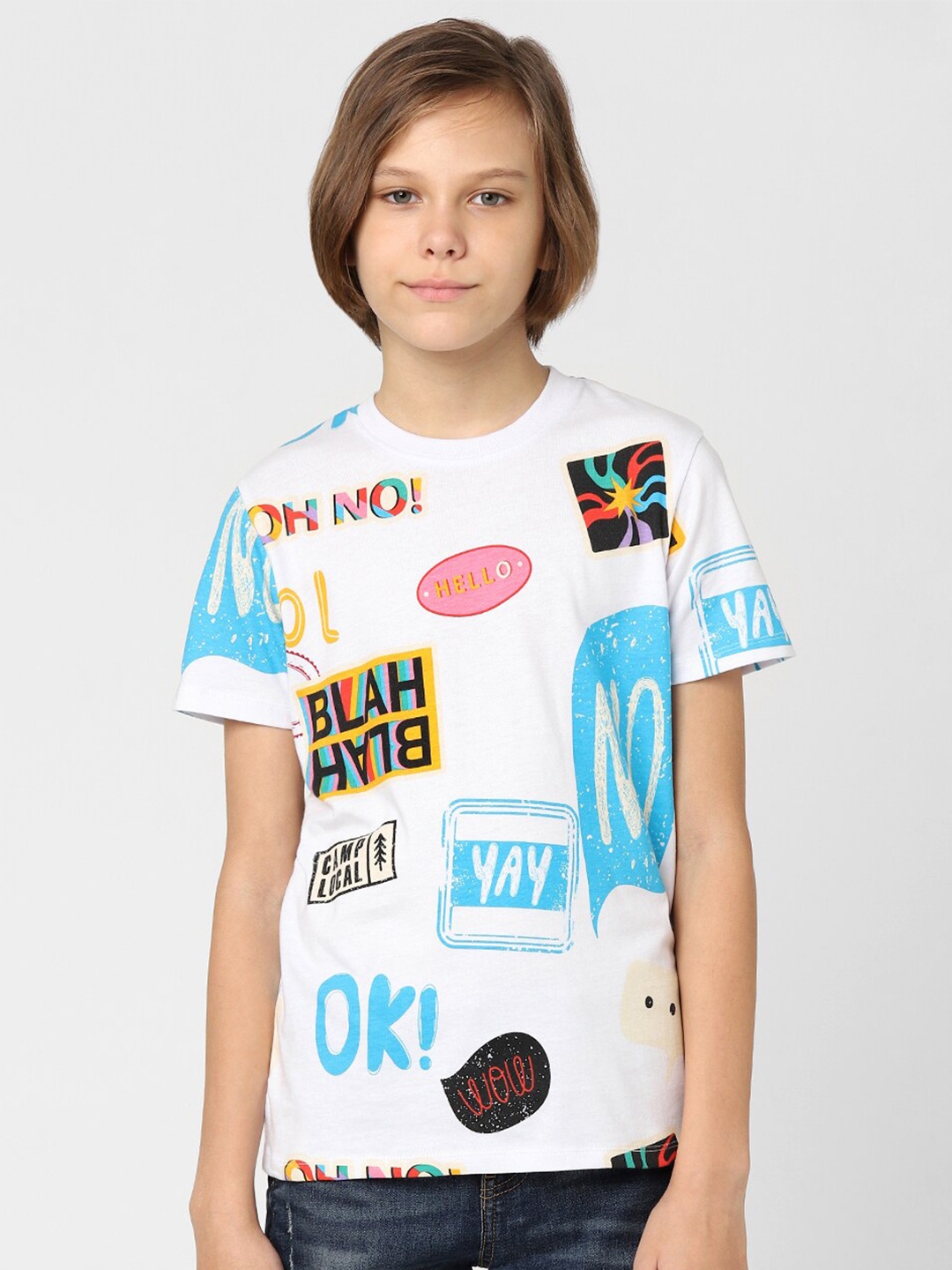 

Jack & Jones Junior Boys White Typography Printed Slim Fit Cotton T-shirt