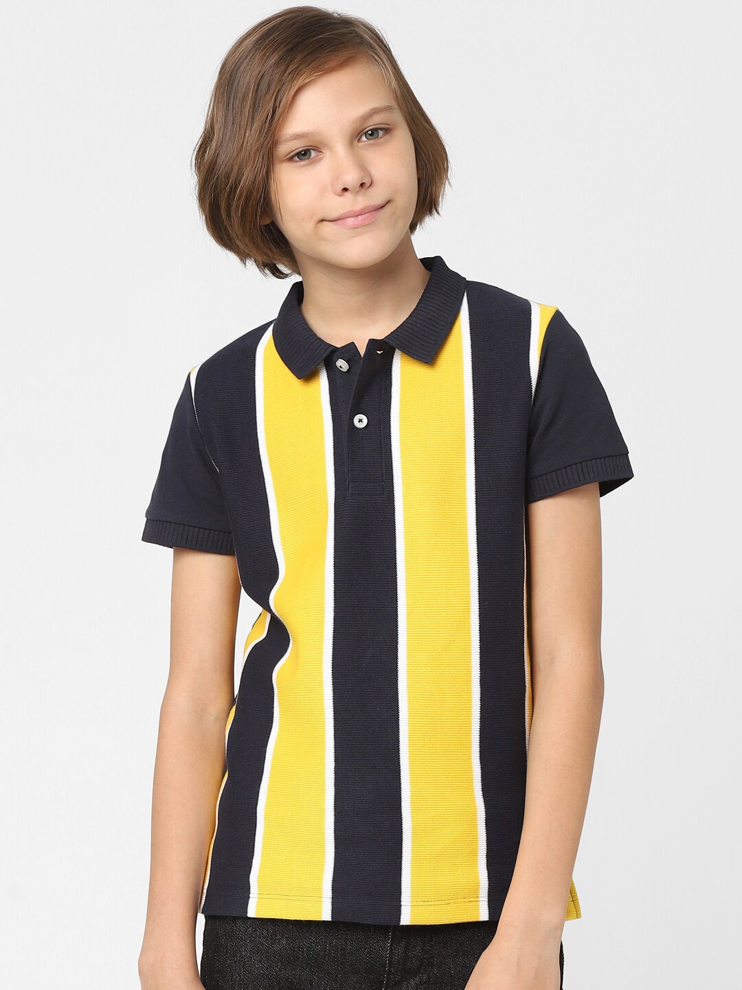 

Jack & Jones Junior Boys Black & Yellow Striped Polo Collar Slim Fit Cotton T-shirt