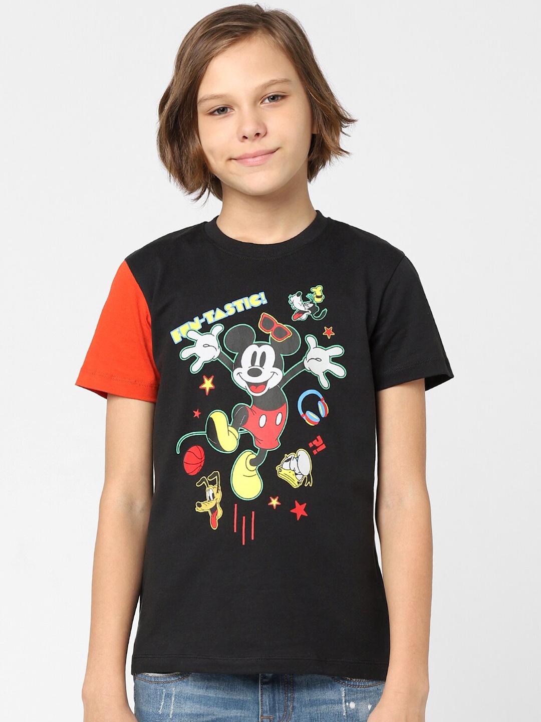 

Jack & Jones Junior Boys Black & Orange Mickey Mouse Printed Cotton T-shirt