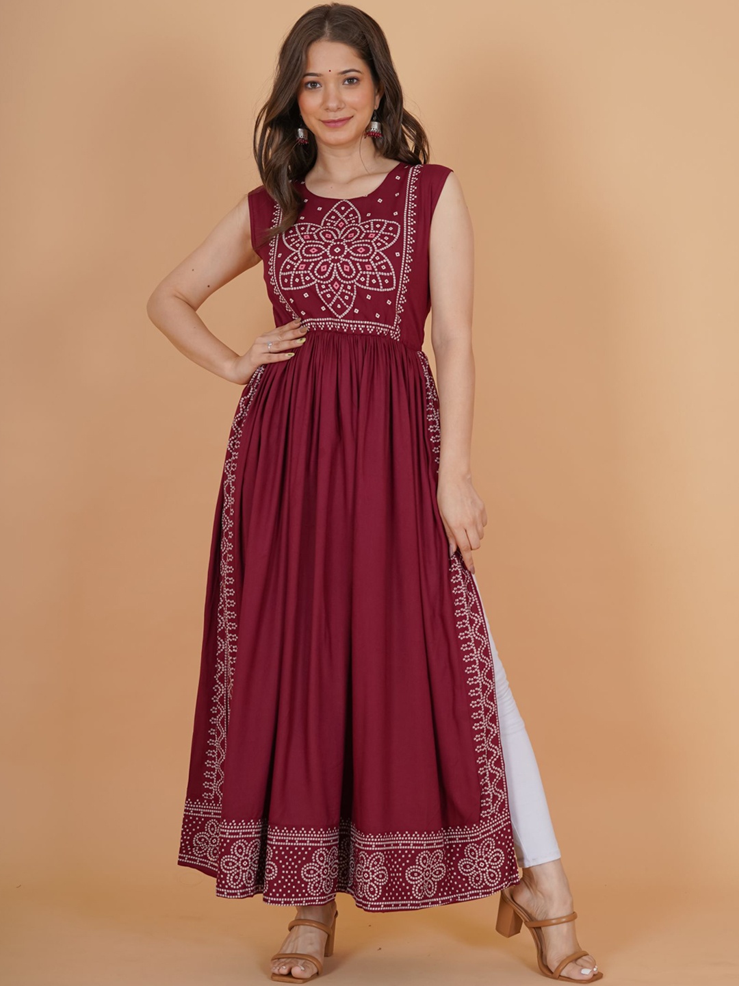 

PURSHOTTAM WALA Women Maroon Bandhani Printed Floral Kurta