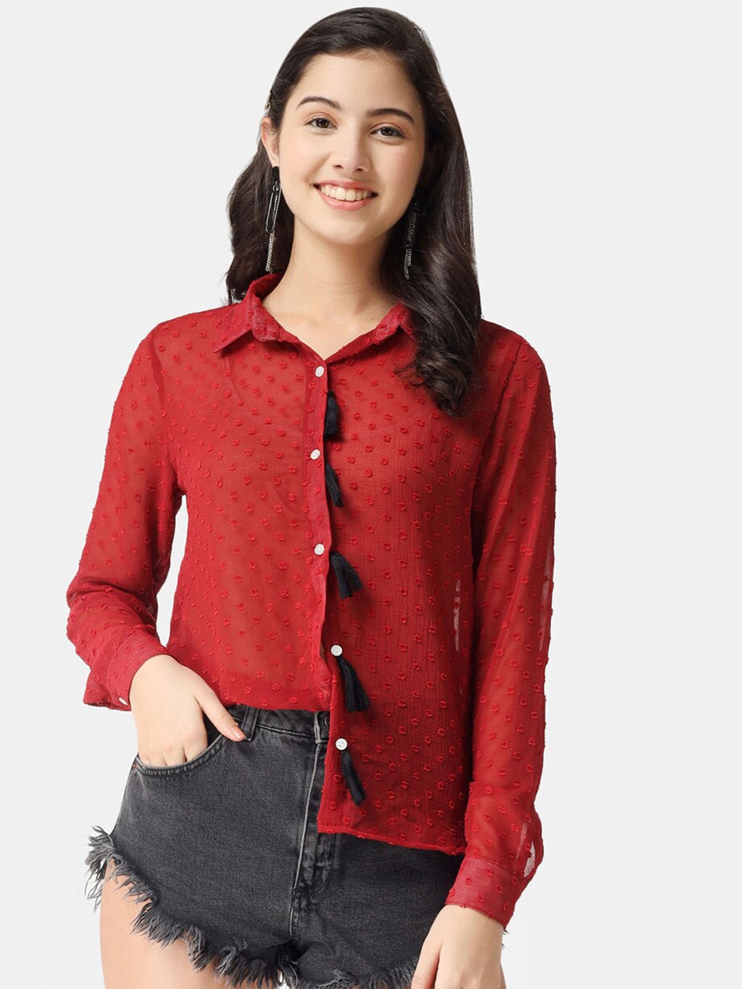 

angloindu Women Red Fringed Shirt Style Top