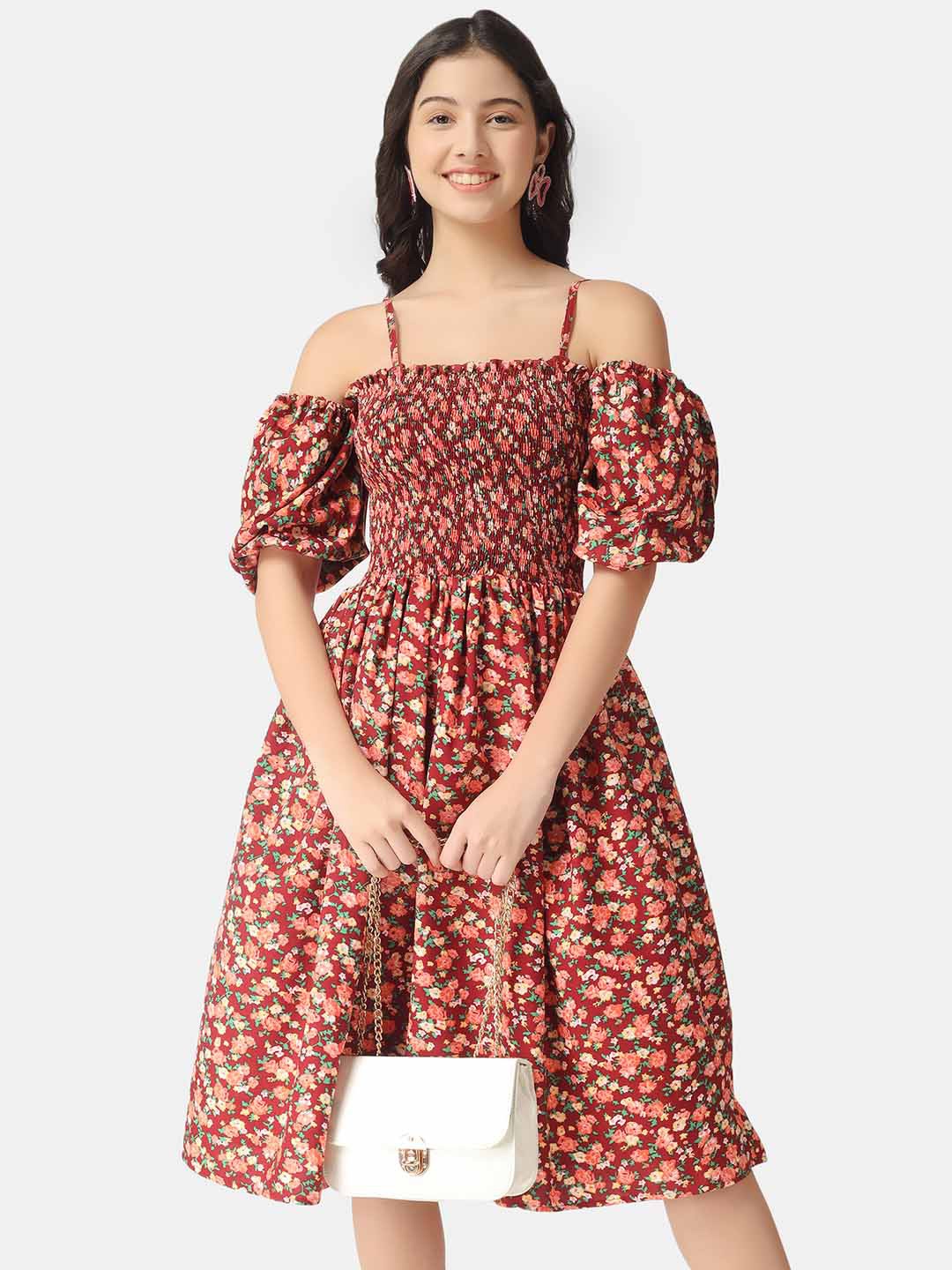 

angloindu Women Red Floral Polyester Fit and Flare Midi Dress