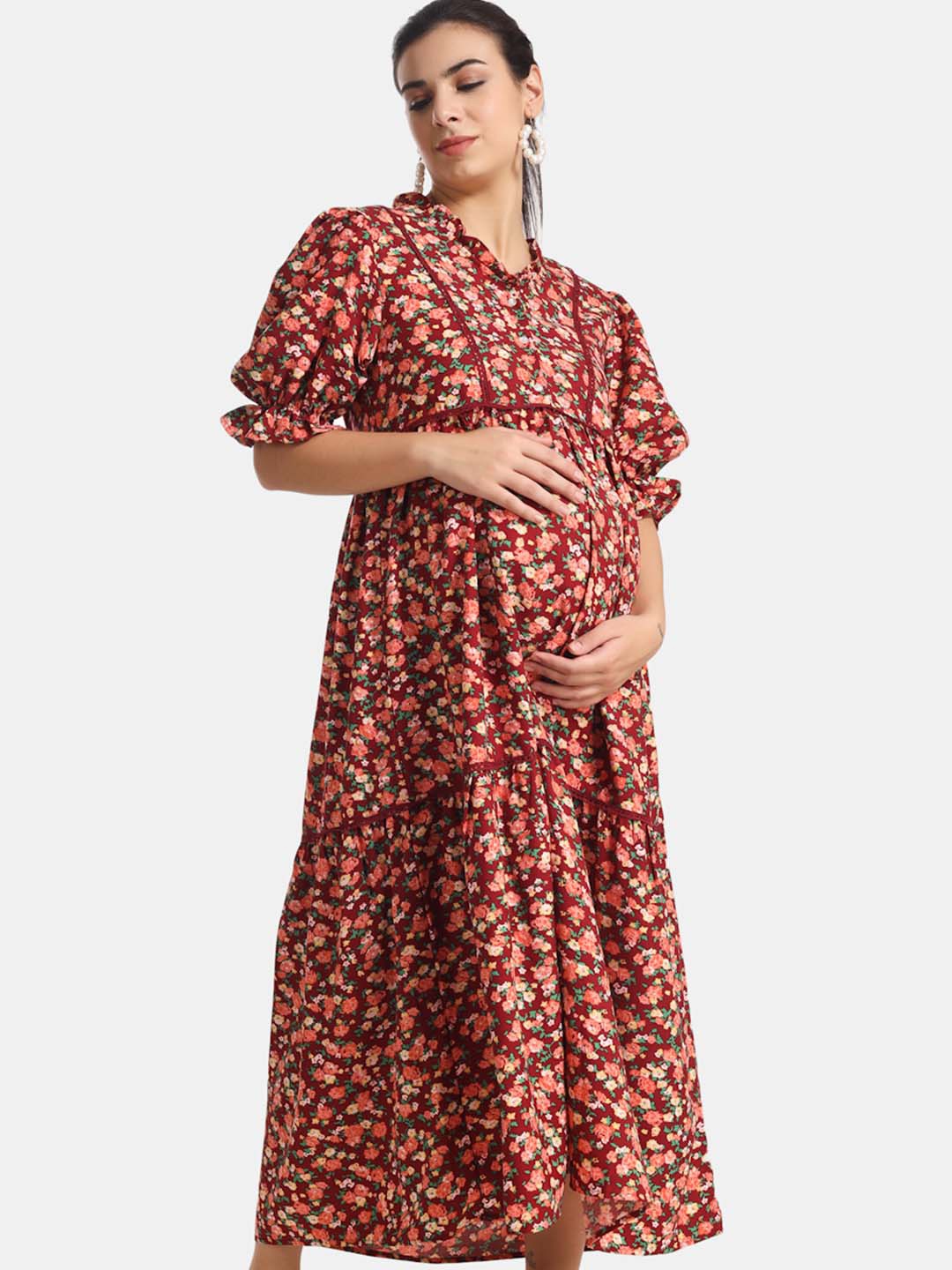 

angloindu Women Red Floral Crepe Maternity A-Line Maxi Dress