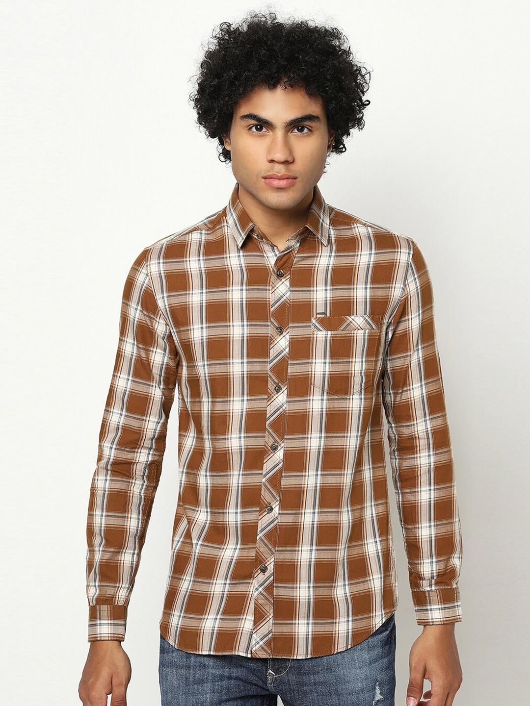 

Blue Buddha Men Regular Fit Tartan Checked Cotton Casual Shirt, Brown