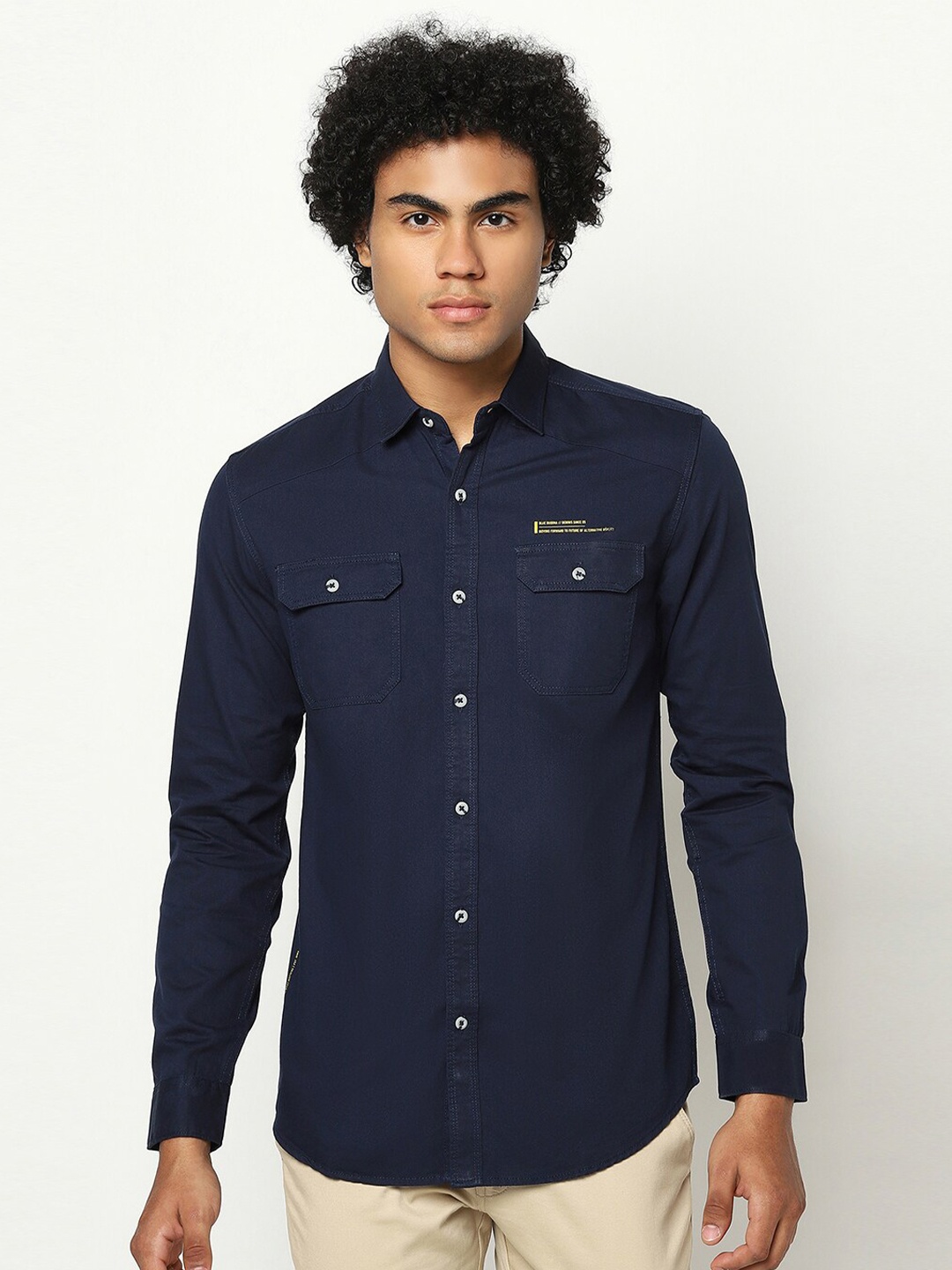 

Blue Buddha Men Regular Fit Solid Cotton Casual Shirt, Navy blue