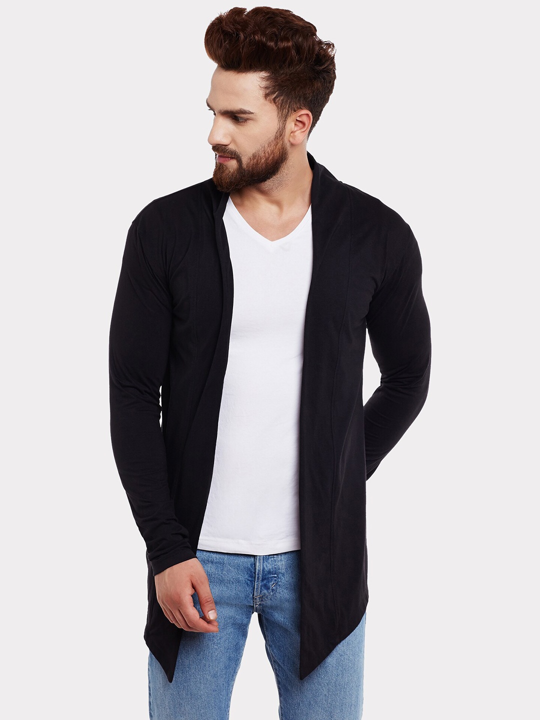 

CHILL WINSTON Men Black Solid Open Front Full Sleeves Cotton Shrug