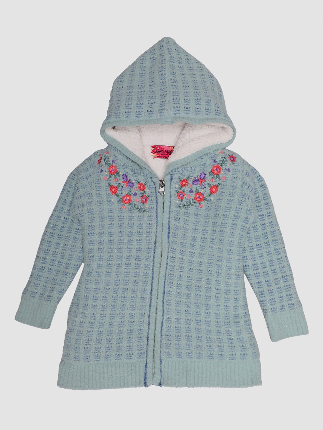 

CHIMPRALA Girls Sea Green & Red Floral Embroidered Woolen Sweater