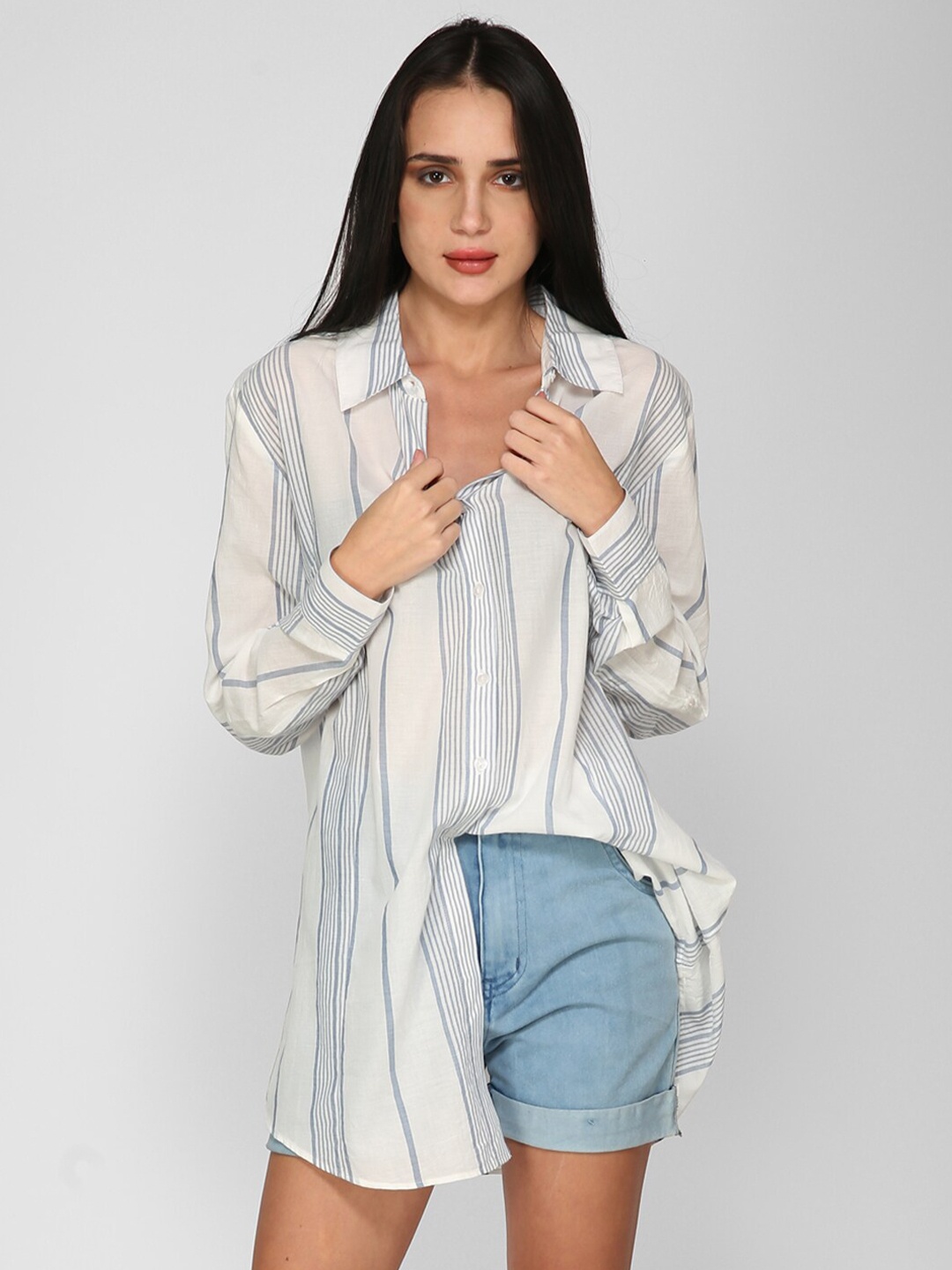 

I Love She Women Classic Regular Fit Striped Long Line Cotton Casual Shirt, White