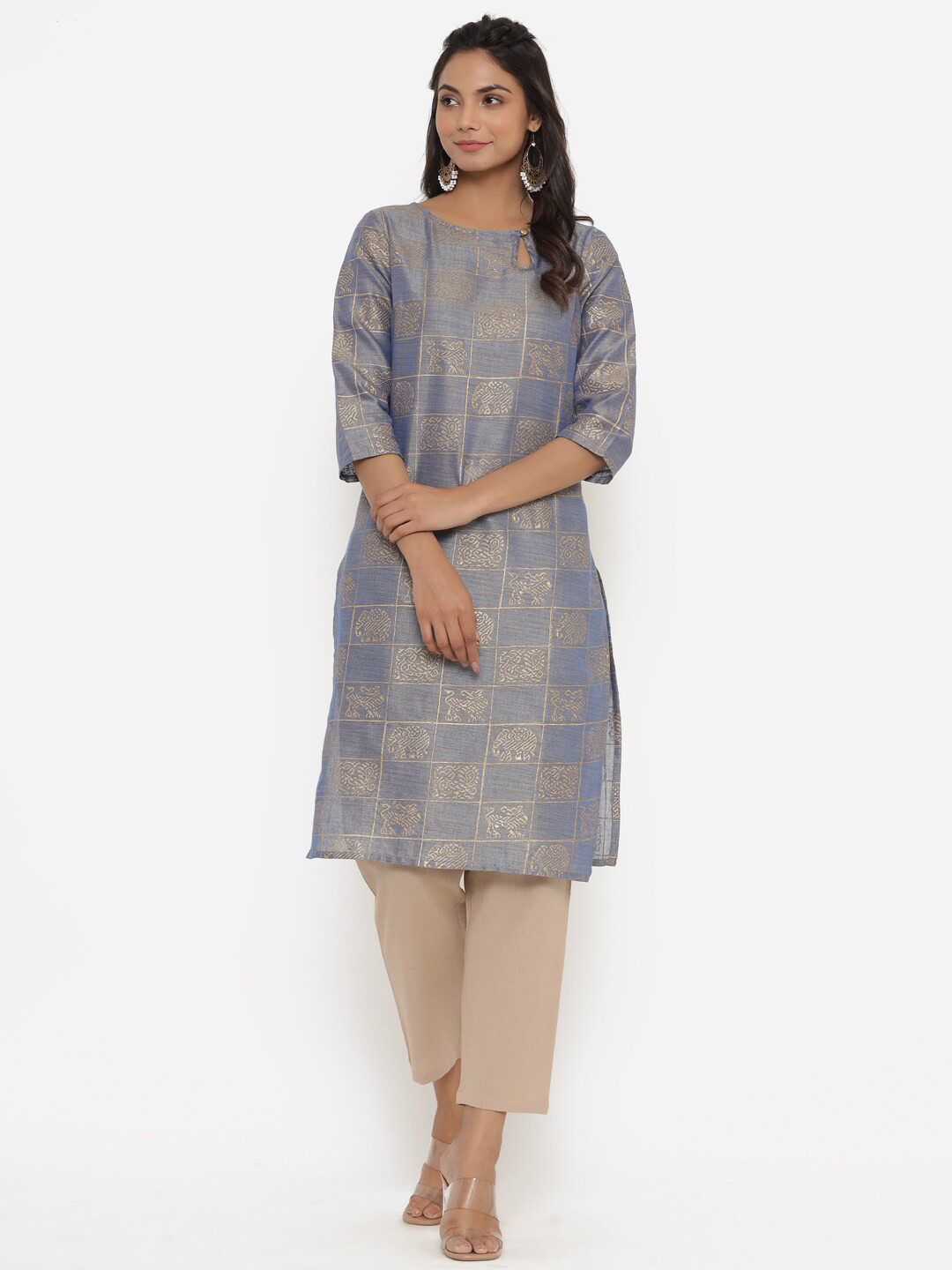 

Sutidora Women Blue & Gold-Toned Ethnic Motifs Floral Cotton Kurta
