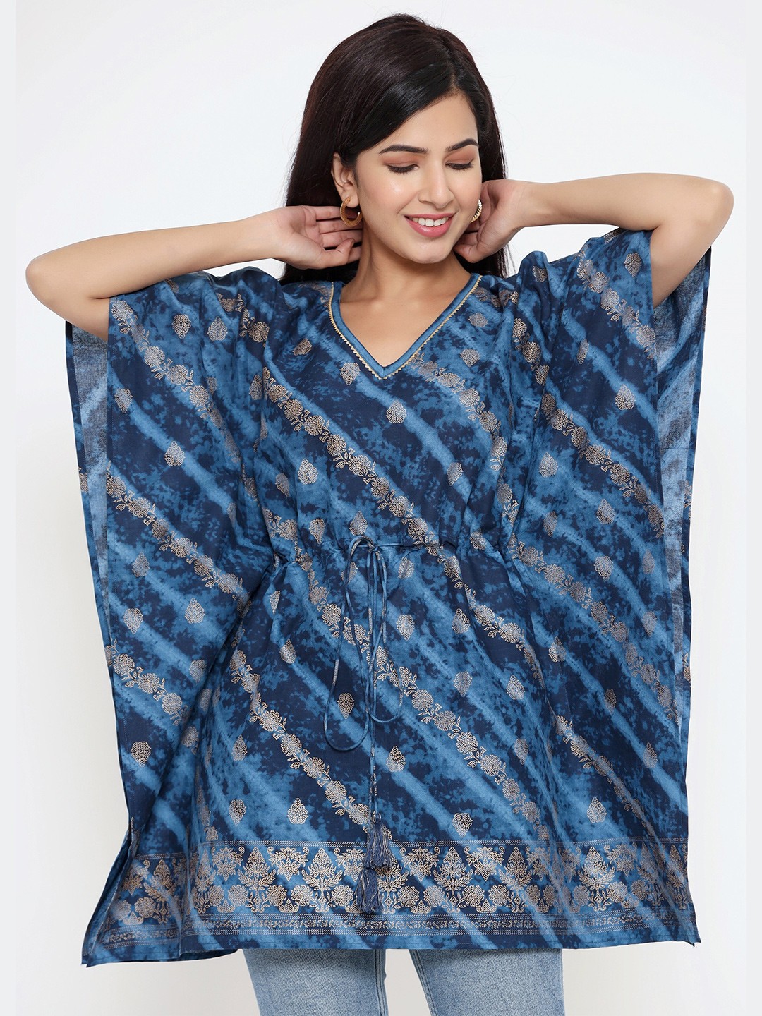 

Sutidora Blue Floral Printed V-Neck Extended Sleeves Pure Cotton Kaftan Kurti