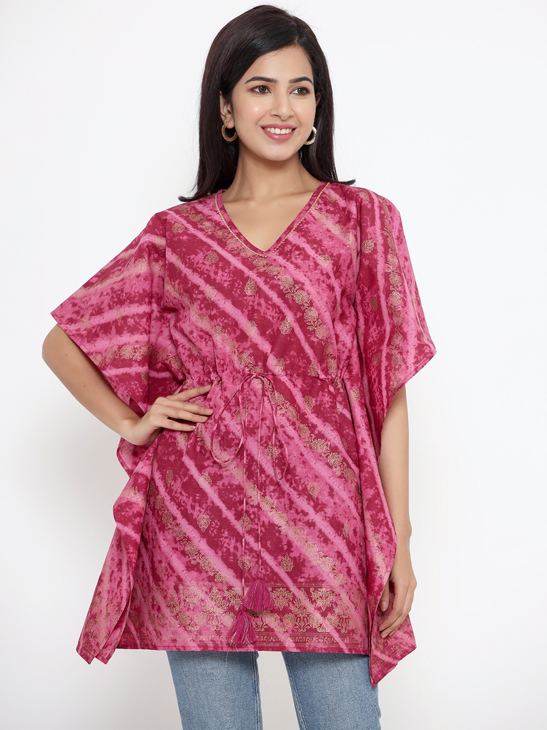 

Sutidora Pink Floral Striped V-Neck Extended Sleeves Pure Cotton Kaftan Kurti