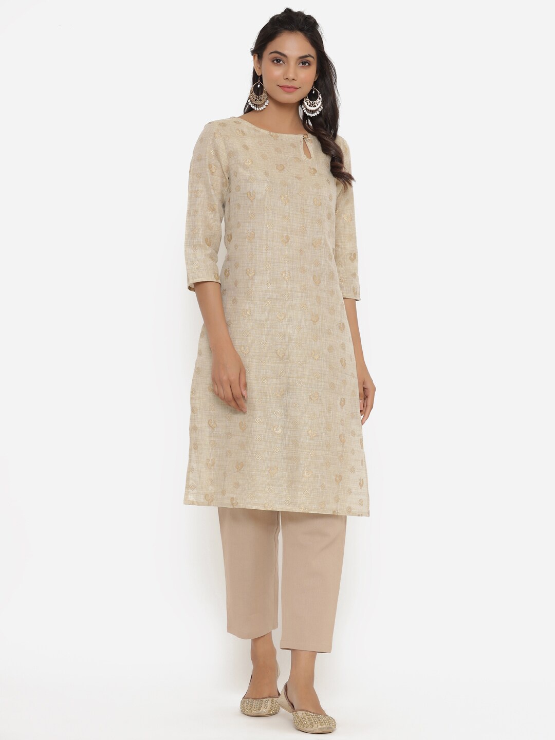 

Sutidora Women Beige & Gold-Toned Cotton Ethnic Motifs Keyhole Neck Kurta