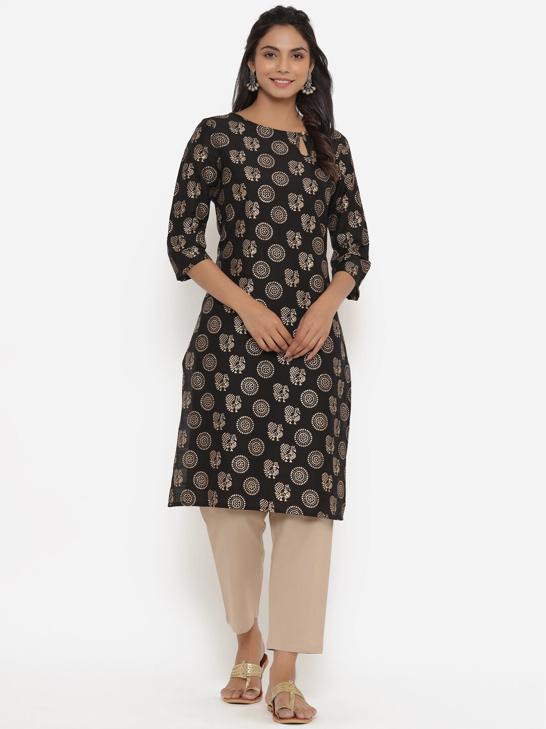

Sutidora Women Black Ethnic Motifs Printed Keyhole Neck Kurta