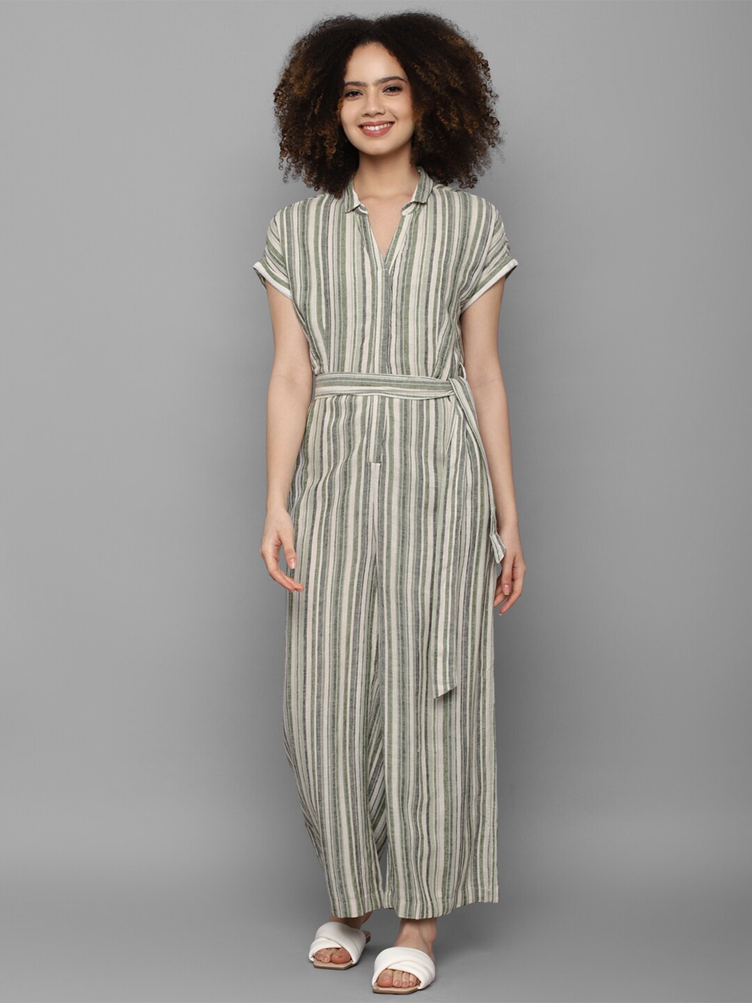 

Allen Solly Woman Olive Green & White Linen Striped Basic Jumpsuit