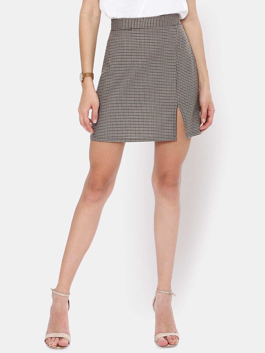 

I Love She Women Brown Checked Mini Skirt