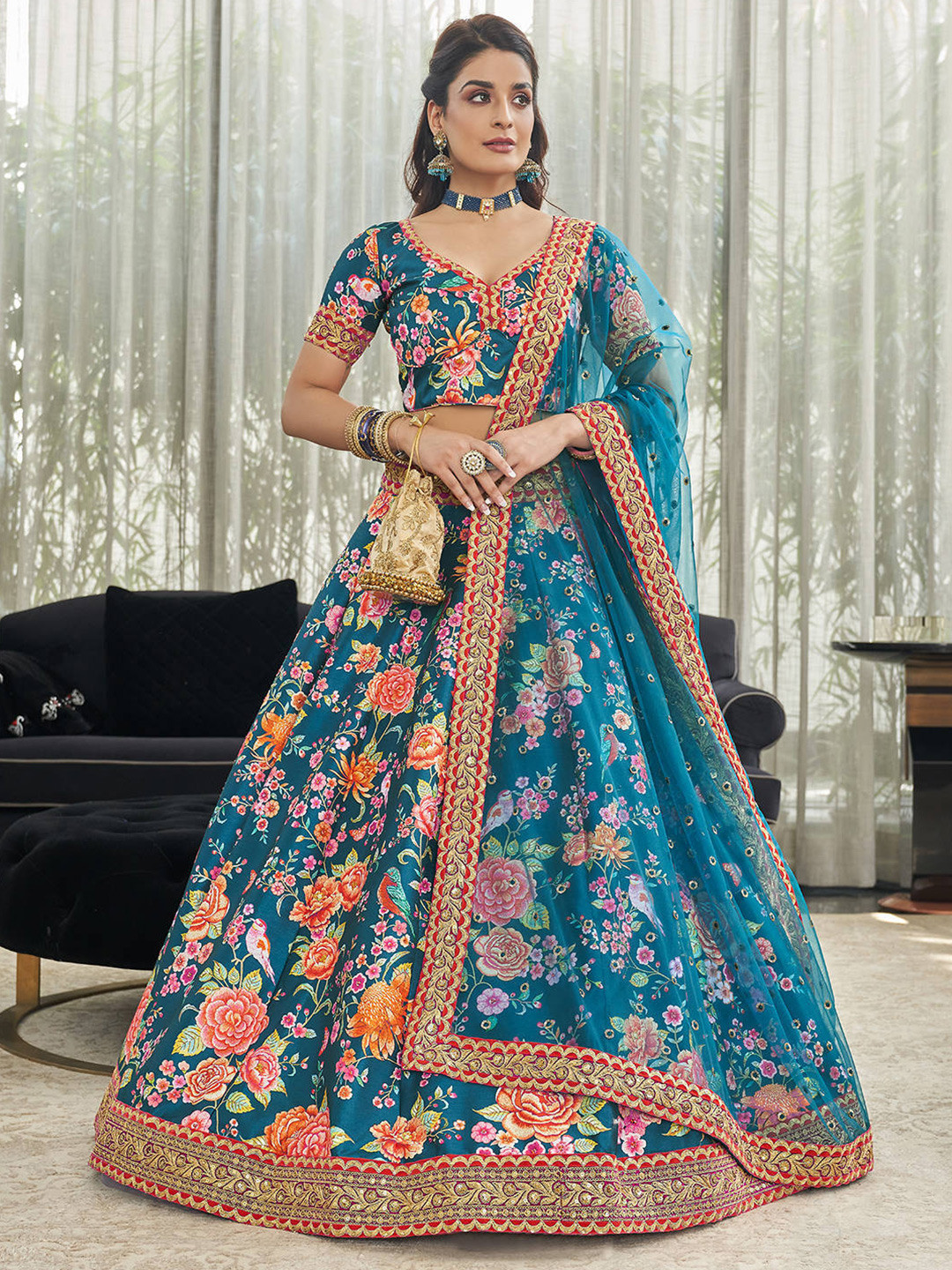 

FABPIXEL Teal & Orange Printed Beads and Stones Semi-Stitched Lehenga Choli