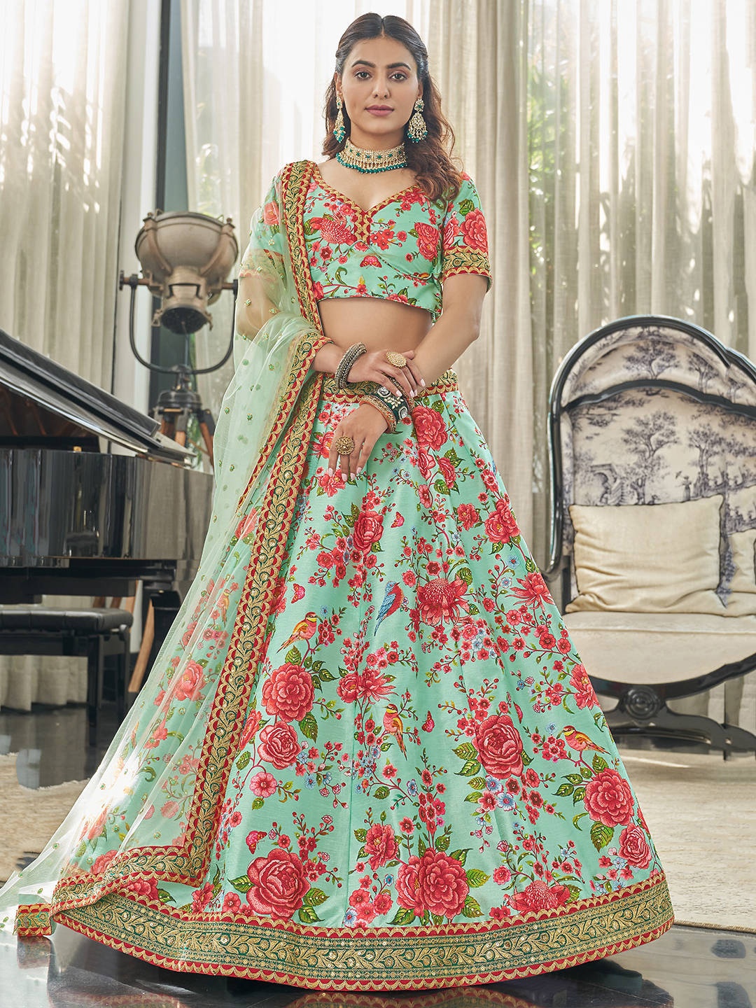 

FABPIXEL Sea Green & Red Printed Semi-Stitched Lehenga & Unstitched Blouse With Dupatta