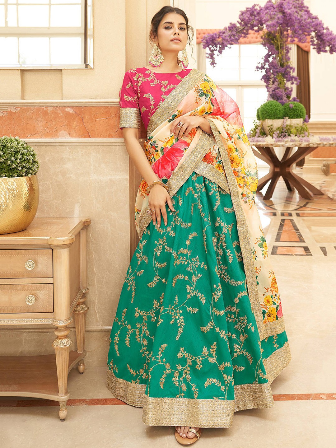 

FABPIXEL Women Green & Red Semi-Stitched Lehenga & Unstitched Blouse With Dupatta
