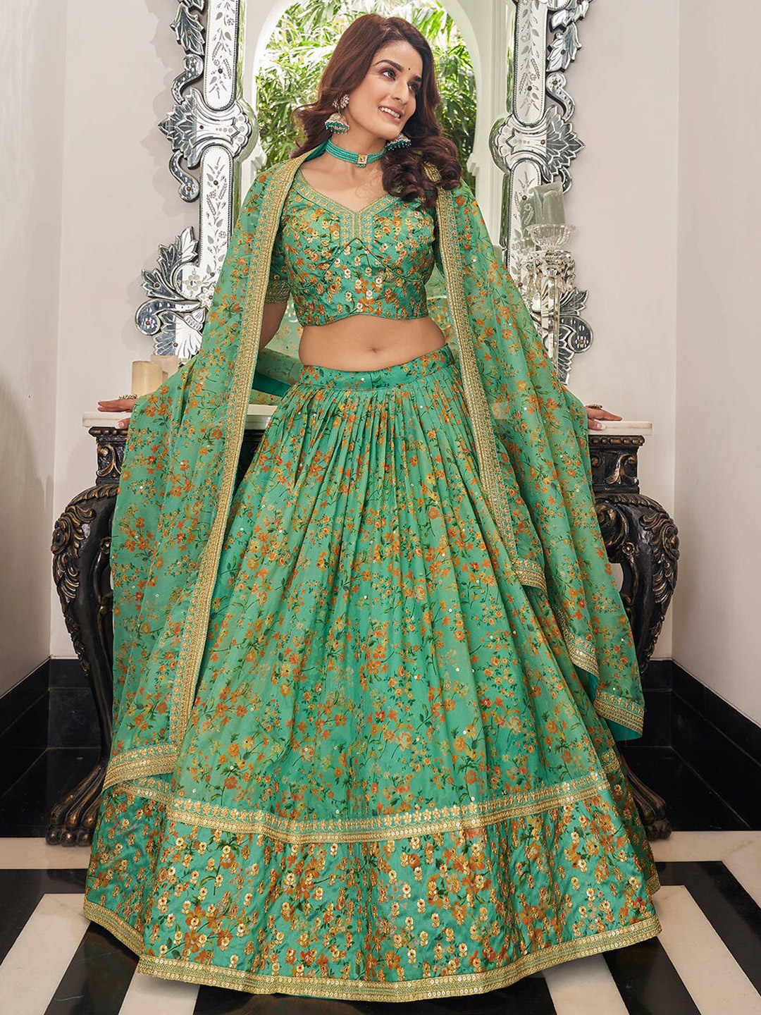 

FABPIXEL Green & Gold-Toned Semi-Stitched Lehenga & Unstitched Blouse With Dupatta