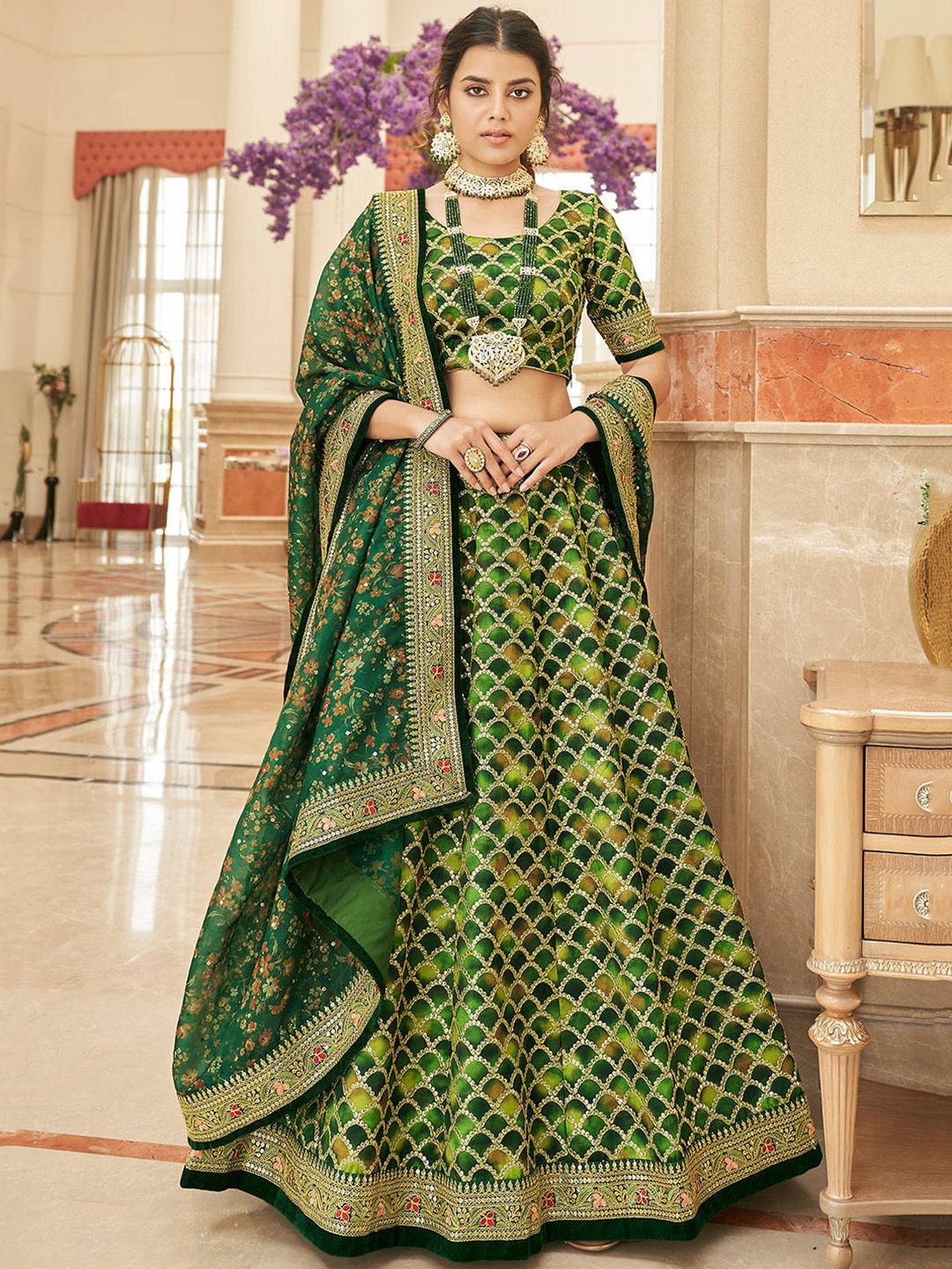 

FABPIXEL Green & Red Embroidered Sequinned Semi-Stitched Lehenga & Unstitched Blouse With Dupatta