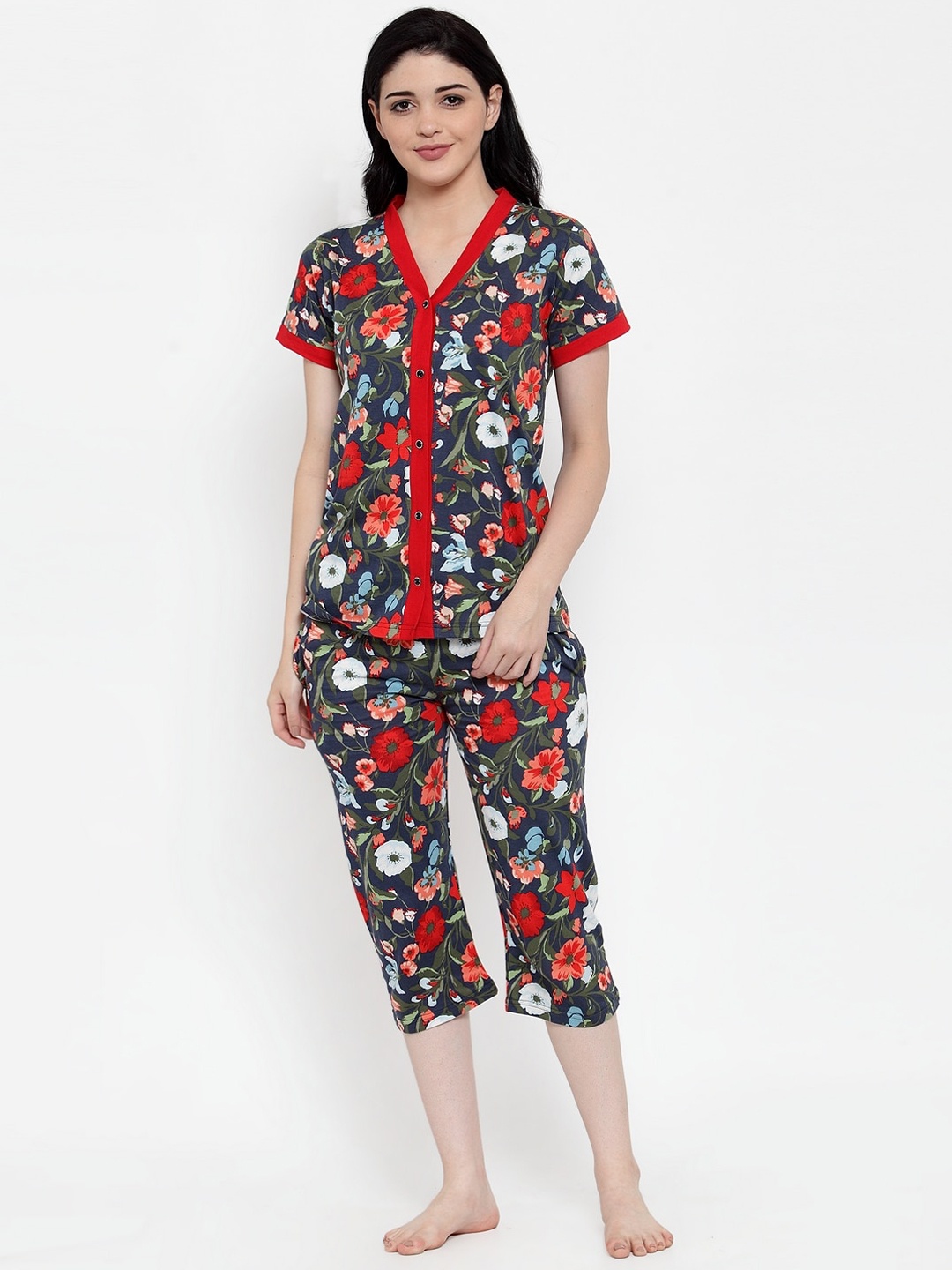 

Claura Women Red & Blue Pure Cotton Printed Night suit