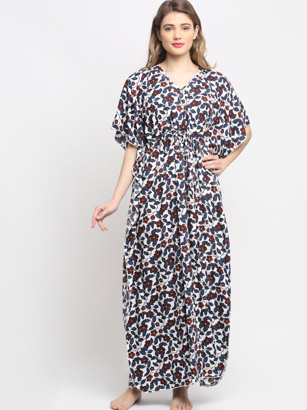 

Claura Blue Printed Pure Cotton Maxi Nightdress