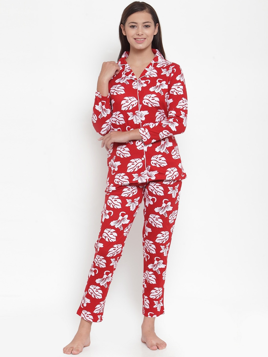 

Claura Women Red & Off White Printed Cotton Blend Night suit