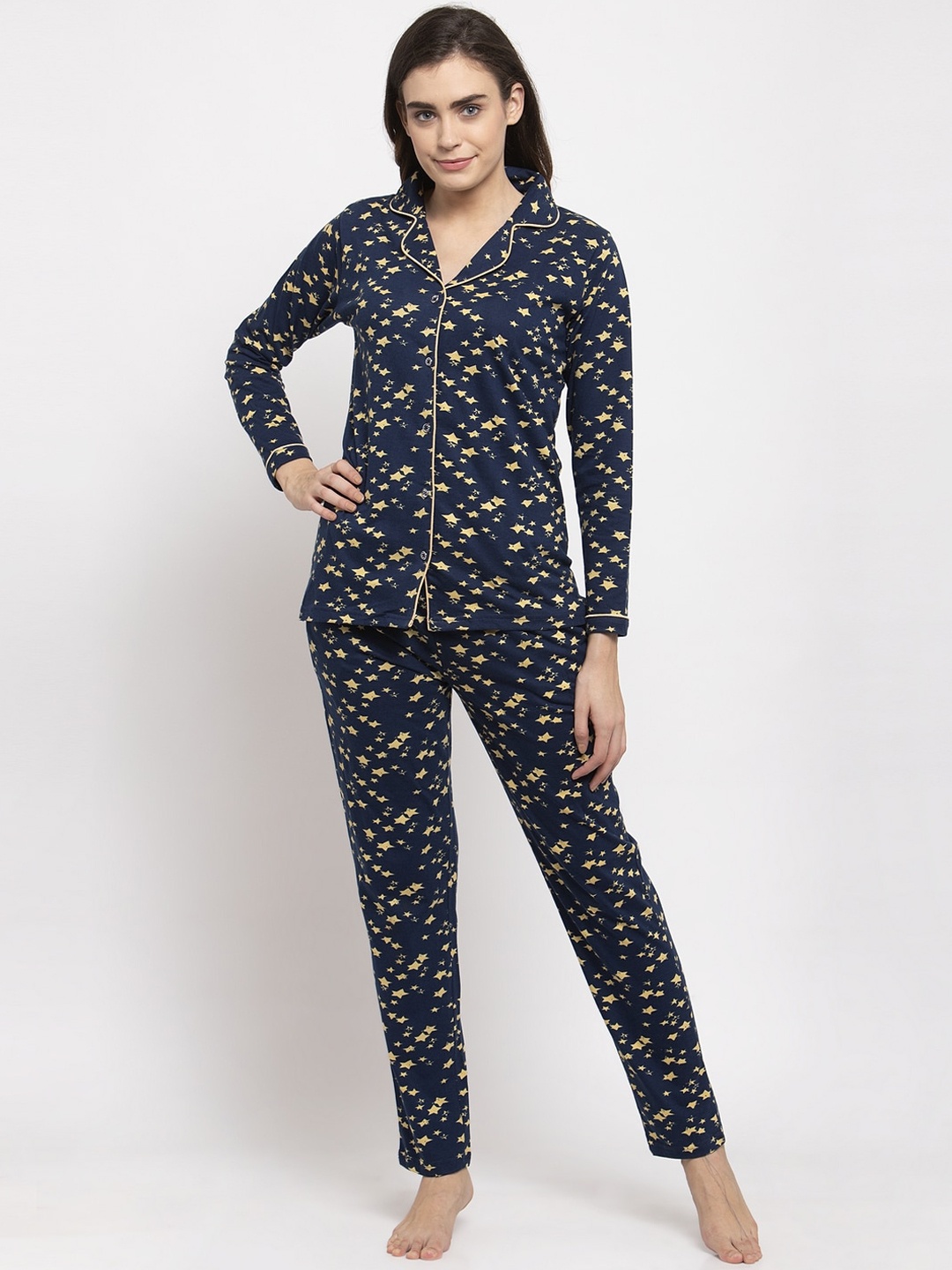 

Claura Women Navy Blue & Yellow Pure Cotton Printed Night suit