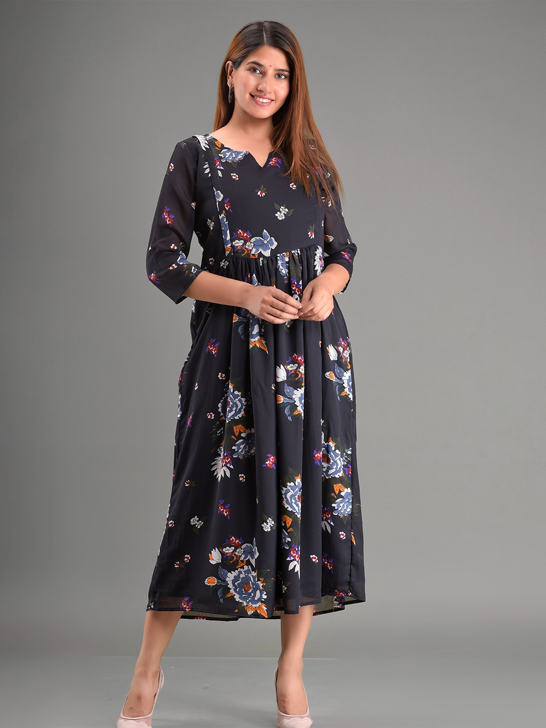

KALINI Women Black Floral Georgette Maternity A-Line Midi Dress