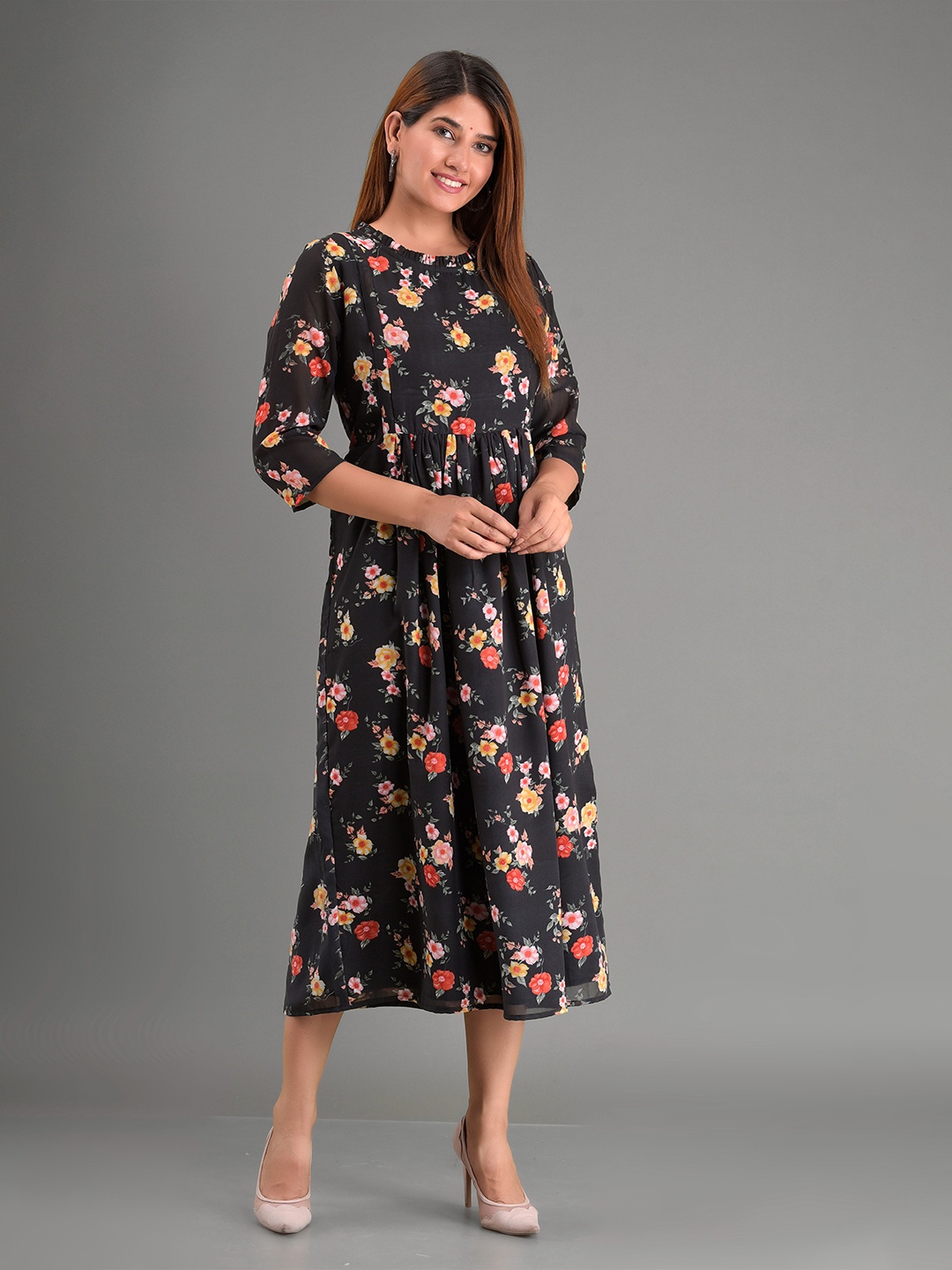 

KALINI Women Black & Red Floral Georgette Maternity Empire Midi Dress