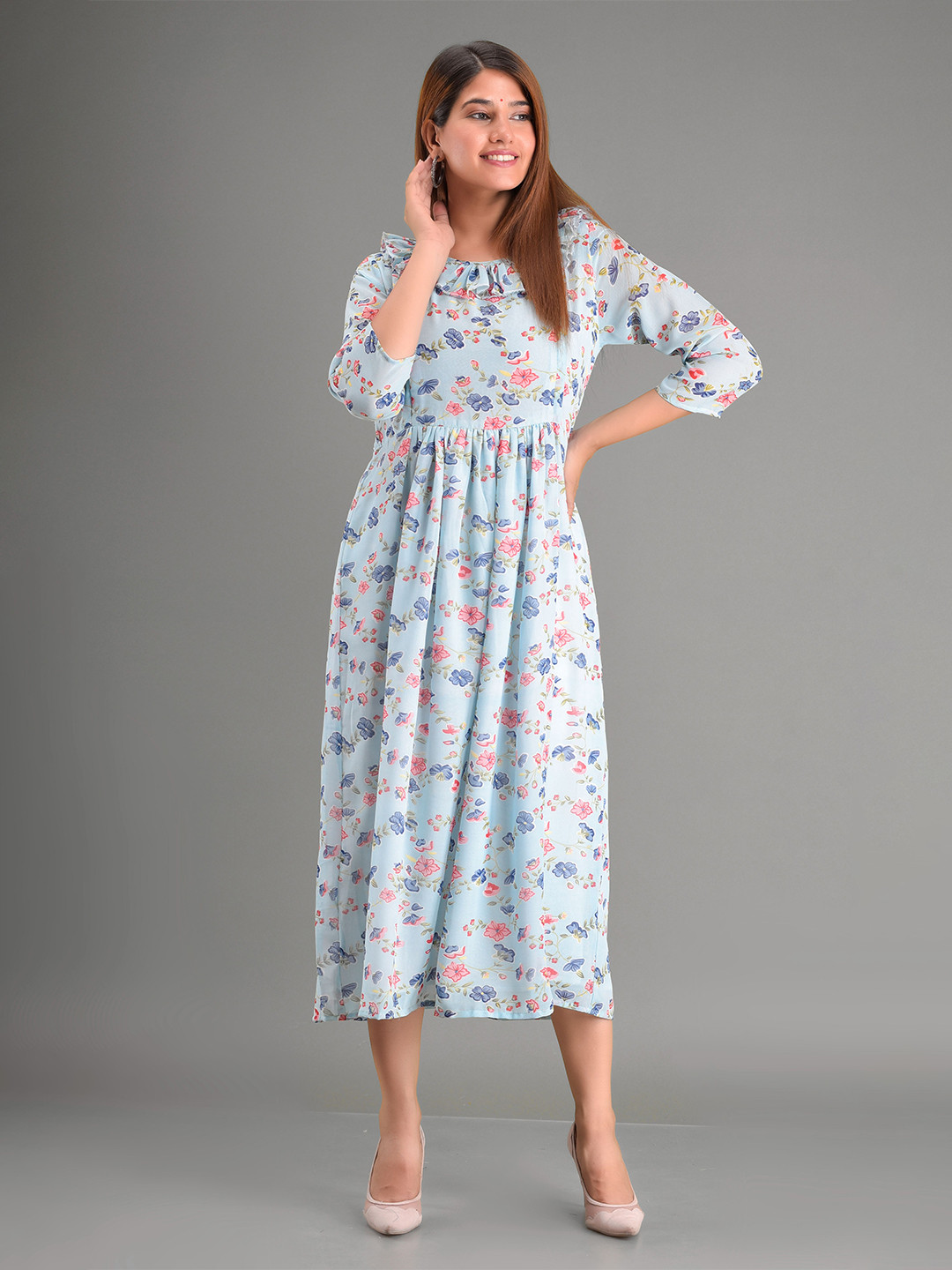 

KALINI Women Blue Floral Georgette Maternity A-Line Midi Dress