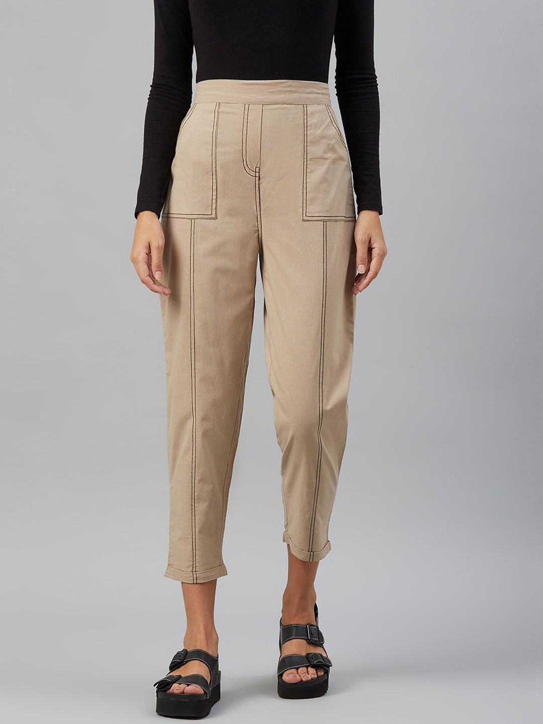 

Orchid Blues Women Tapered Fit High-Rise Easy Wash Trousers, Beige