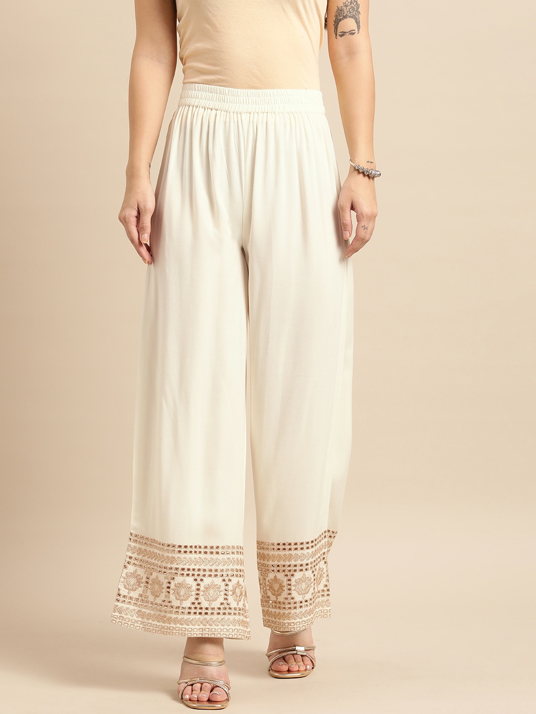 

Sangria Women Off White & Gold-Toned Schiffli Detail Ethnic Palazzos