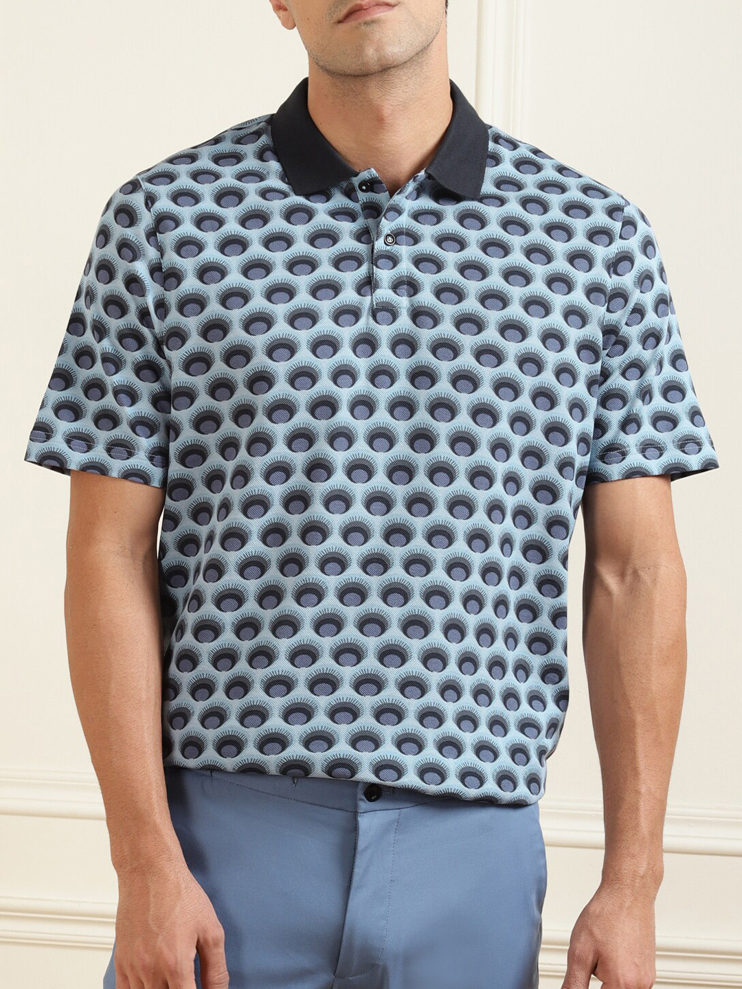 

Ted Baker Men Blue Printed Polo Collar Slim Fit cotton T-shirt