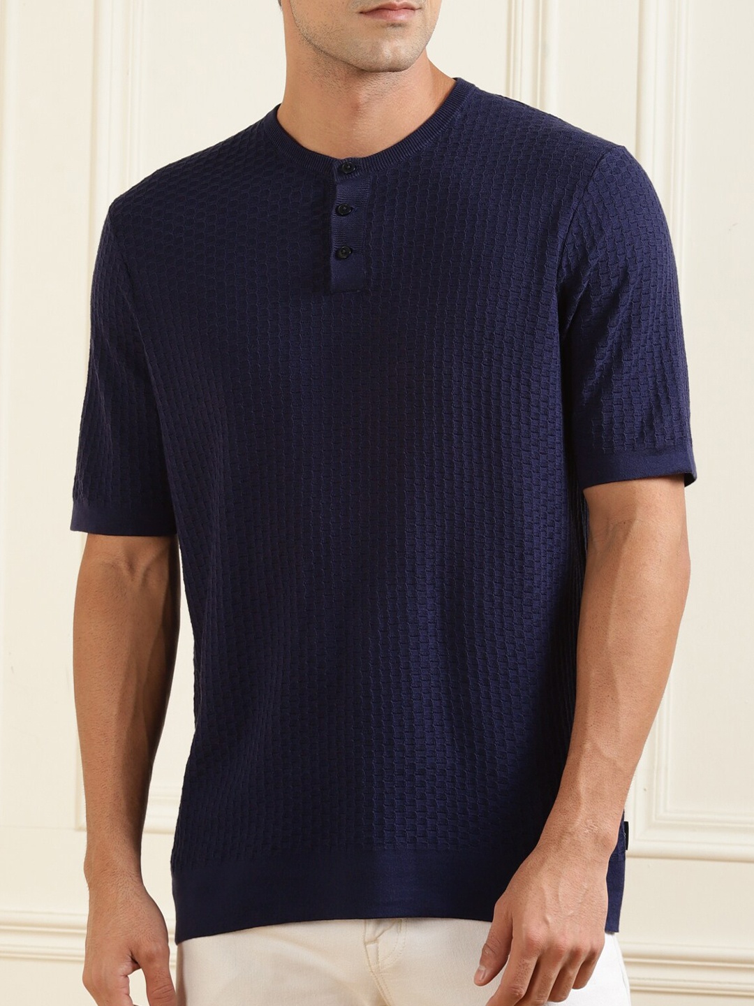 

Ted Baker Men Navy Blue Henley Neck Slim Fit Cotton T-shirt