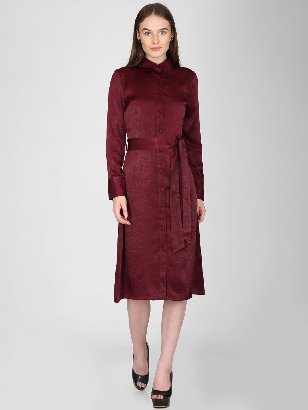 

I Love She Women Maroon Solid Shirt Midi Dress