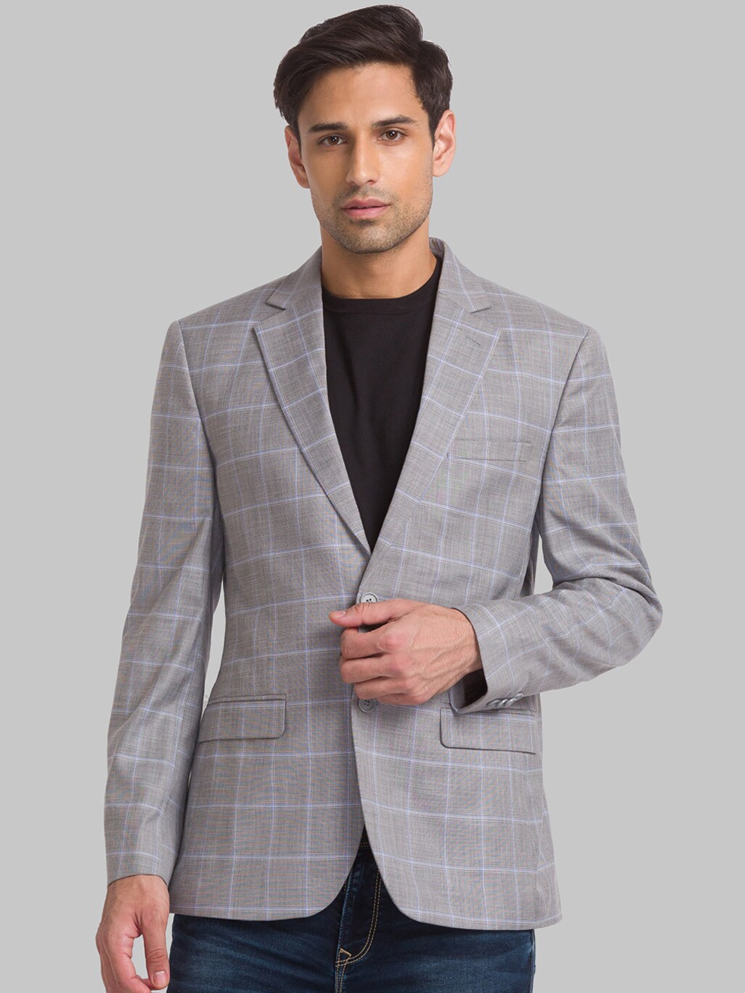 

Park Avenue Men Grey Checked Single-Breasted Blazer