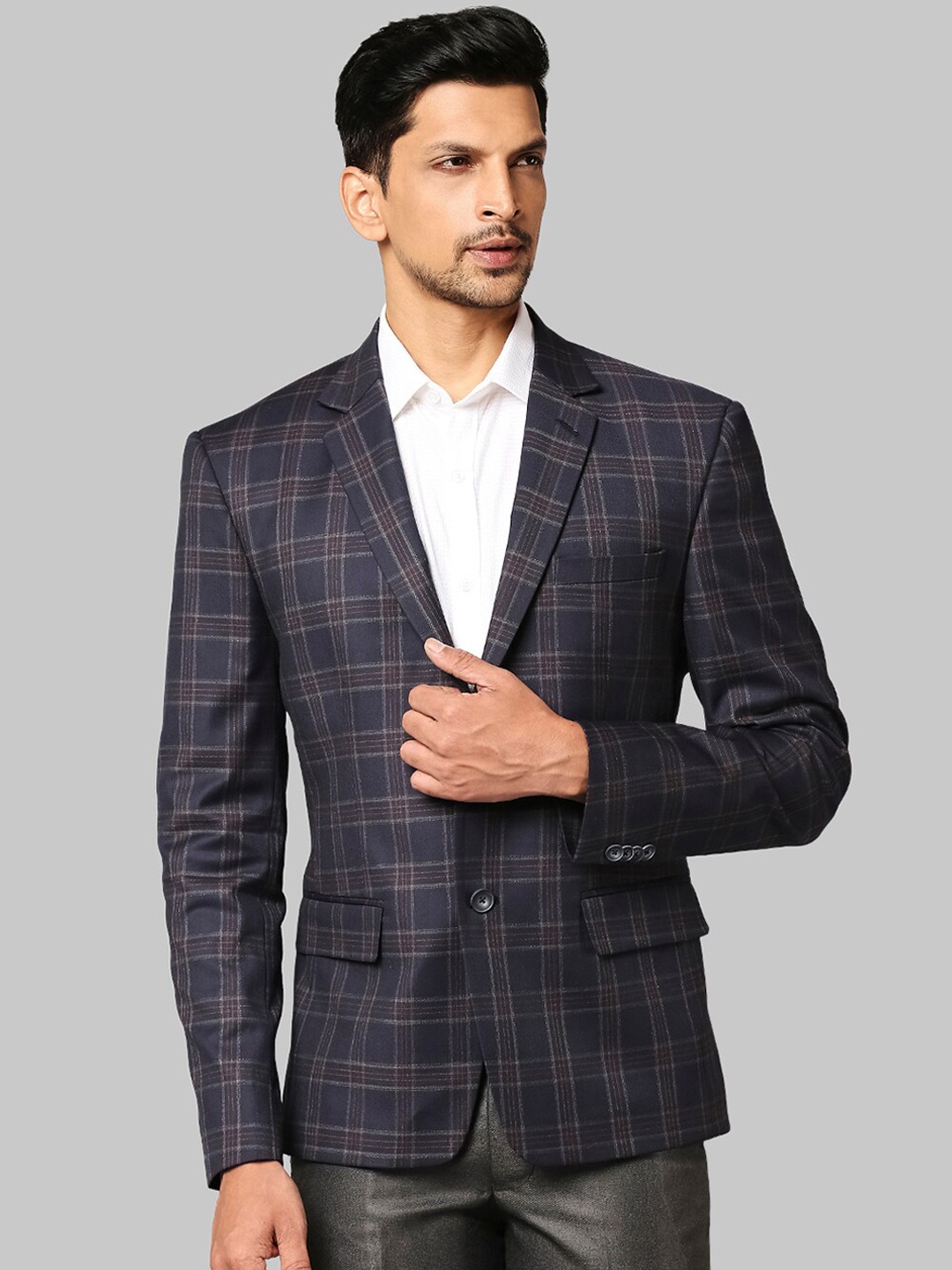 

Park Avenue Men Navy Blue Checked Single Breasted Slim-Fit Formal Blazer