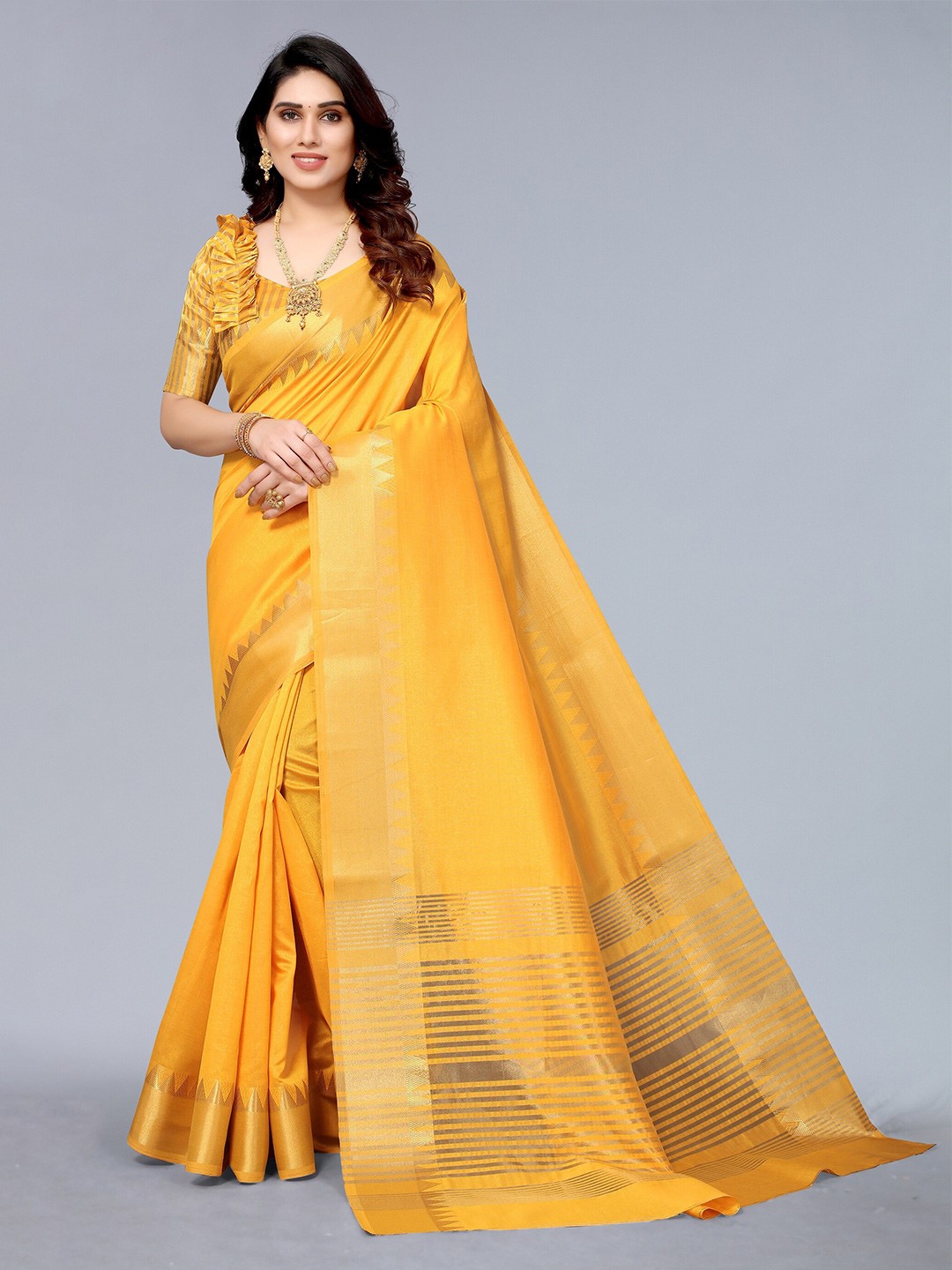 

Winza Designer Yellow And Gold Toned Solid Zari Border Banarasi Saree