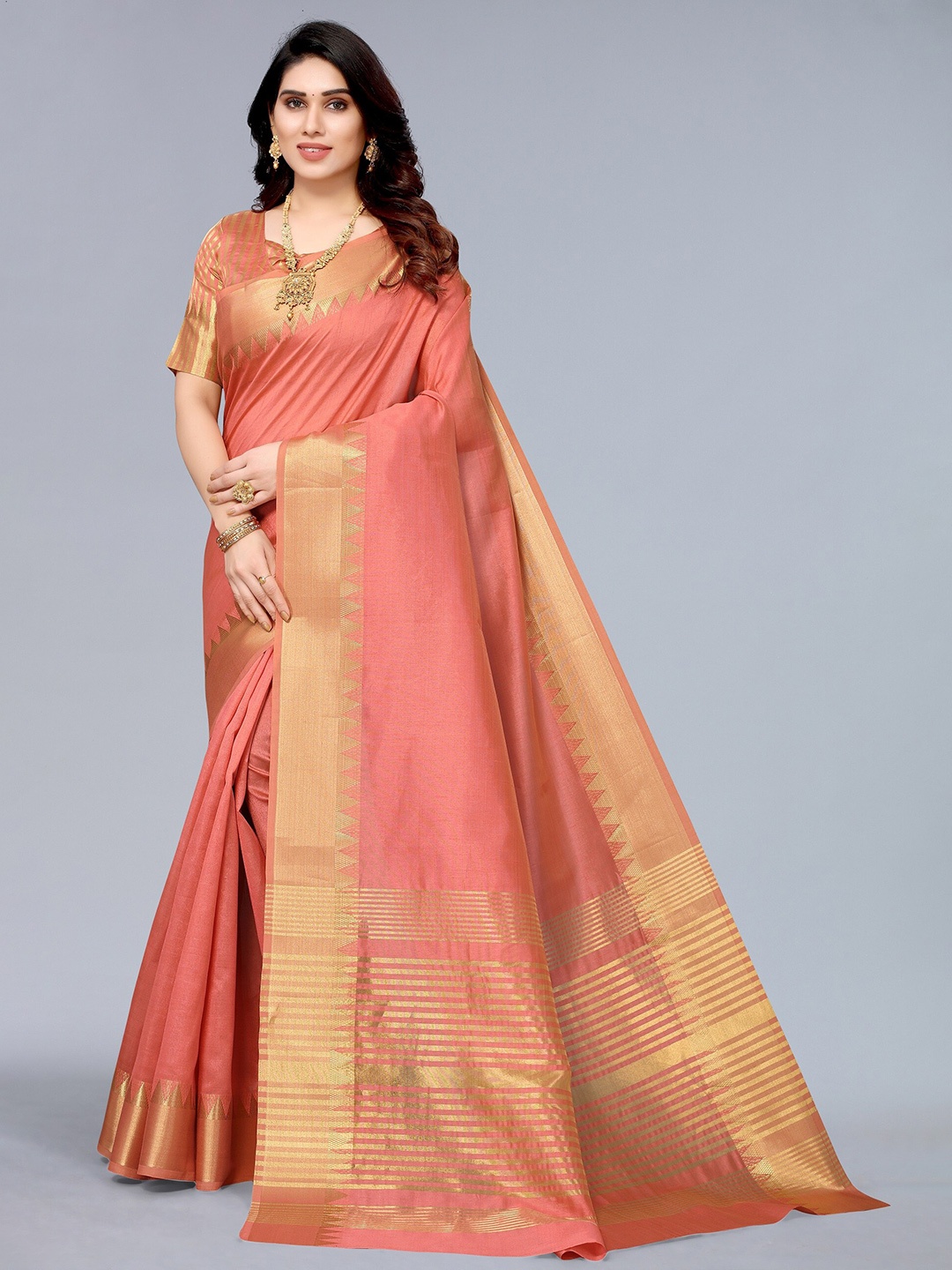 

Winza Designer Peach-Coloured & Gold-Toned Zari Silk Blend Banarasi Saree
