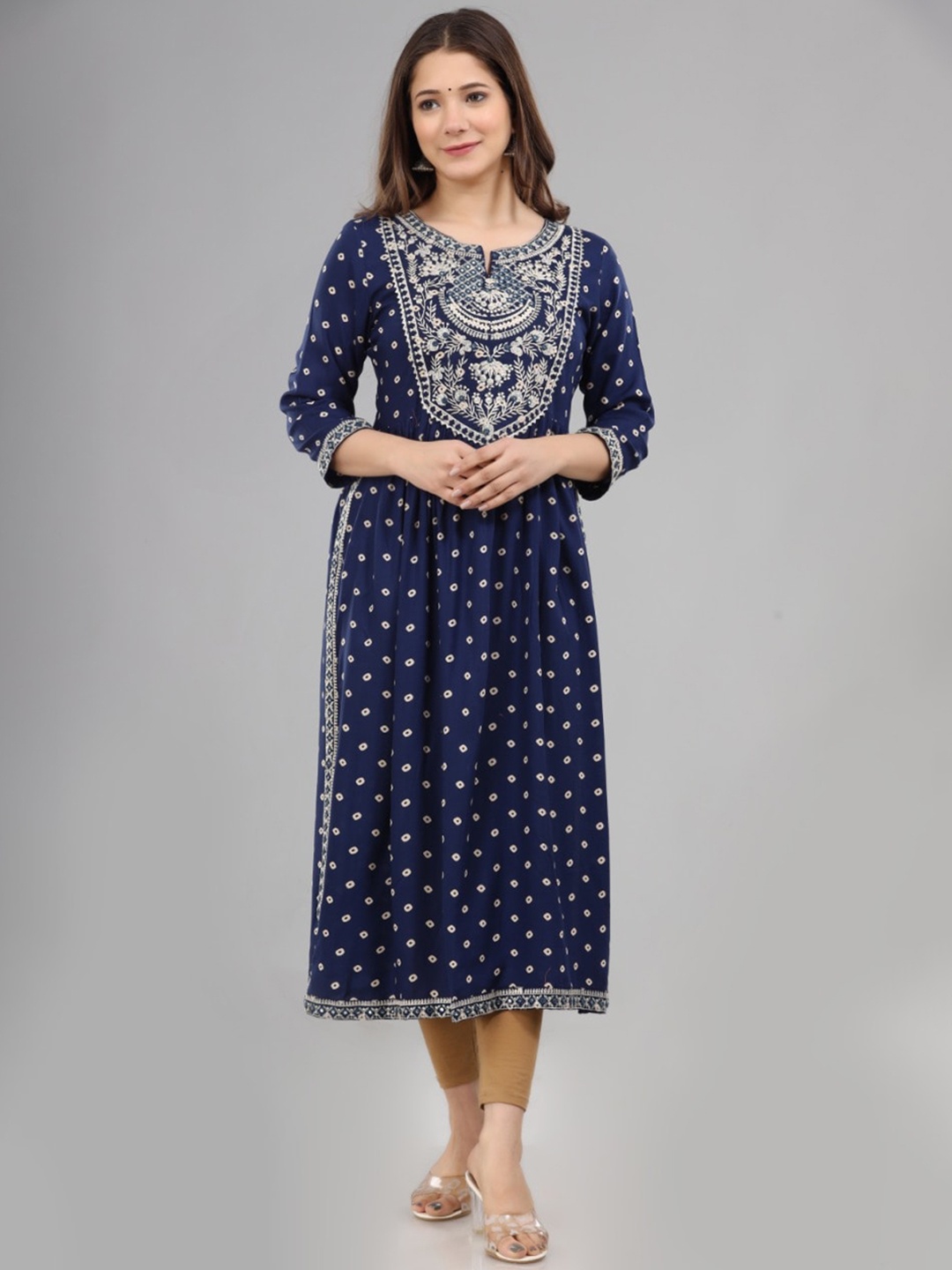

KALINI Women Navy Blue Bandhani Embroidered Thread Work Kurta