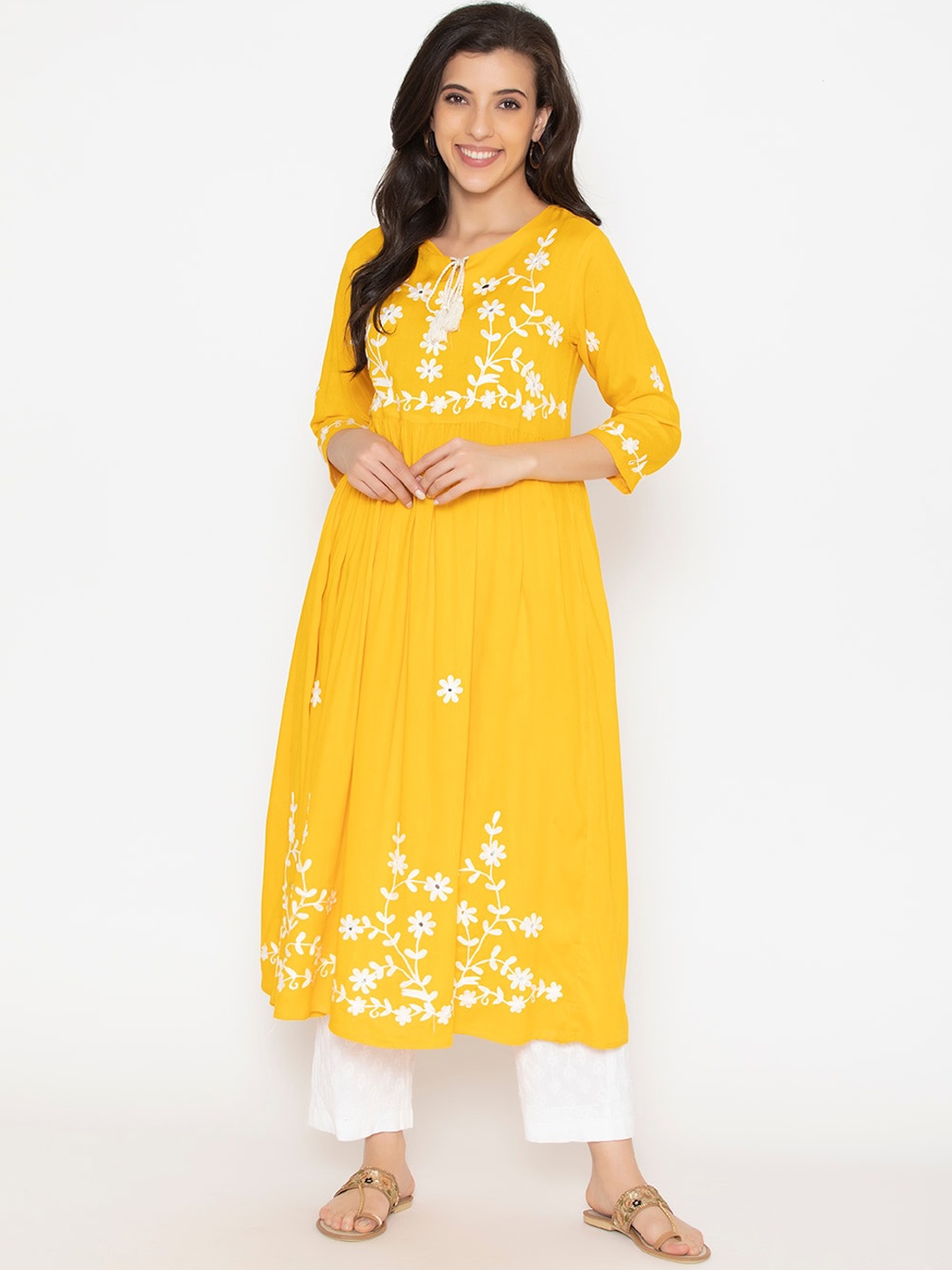 KALINI Women Yellow Floral Embroidered Thread Work Floral Kurta