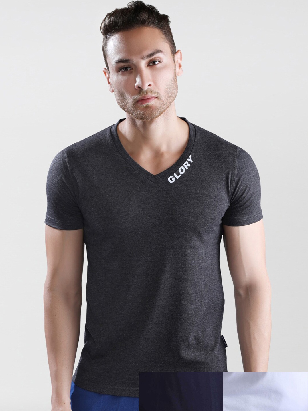 

Dream of Glory Inc Men Pack Of 3 White & Charcoal V-Neck Cotton T-shirt